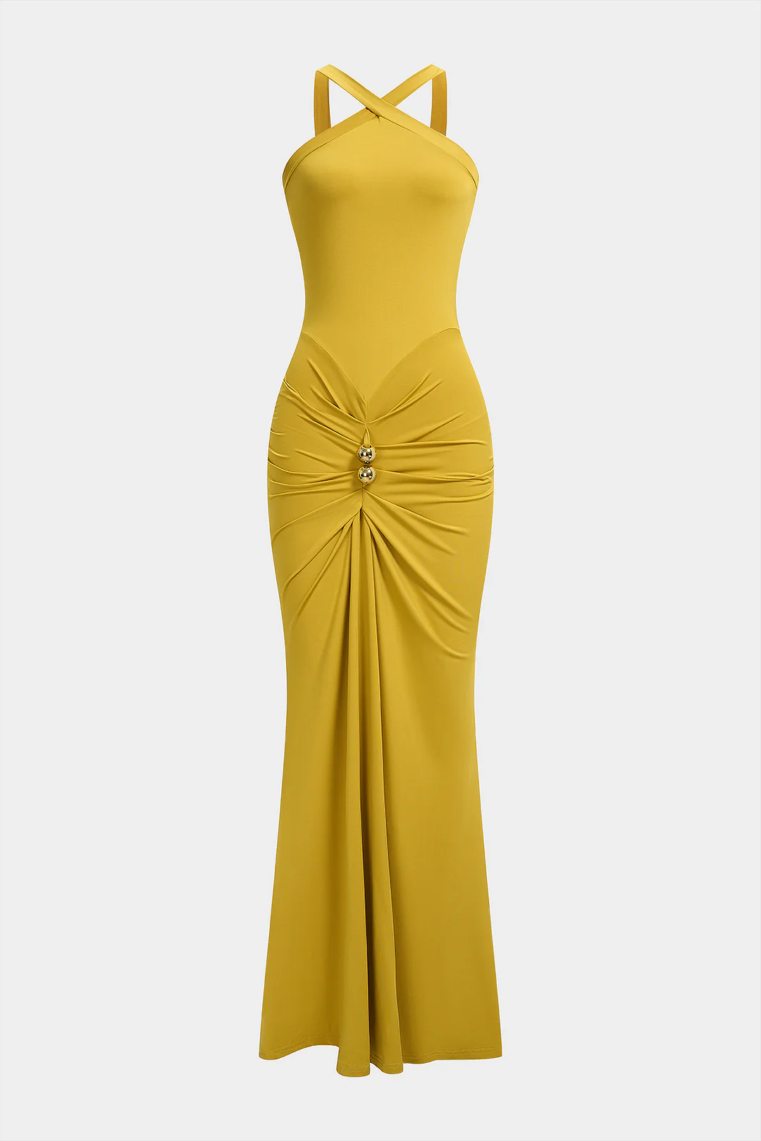 Solid Crossed Ruched Sleeveless Maxi Dress - Weenar