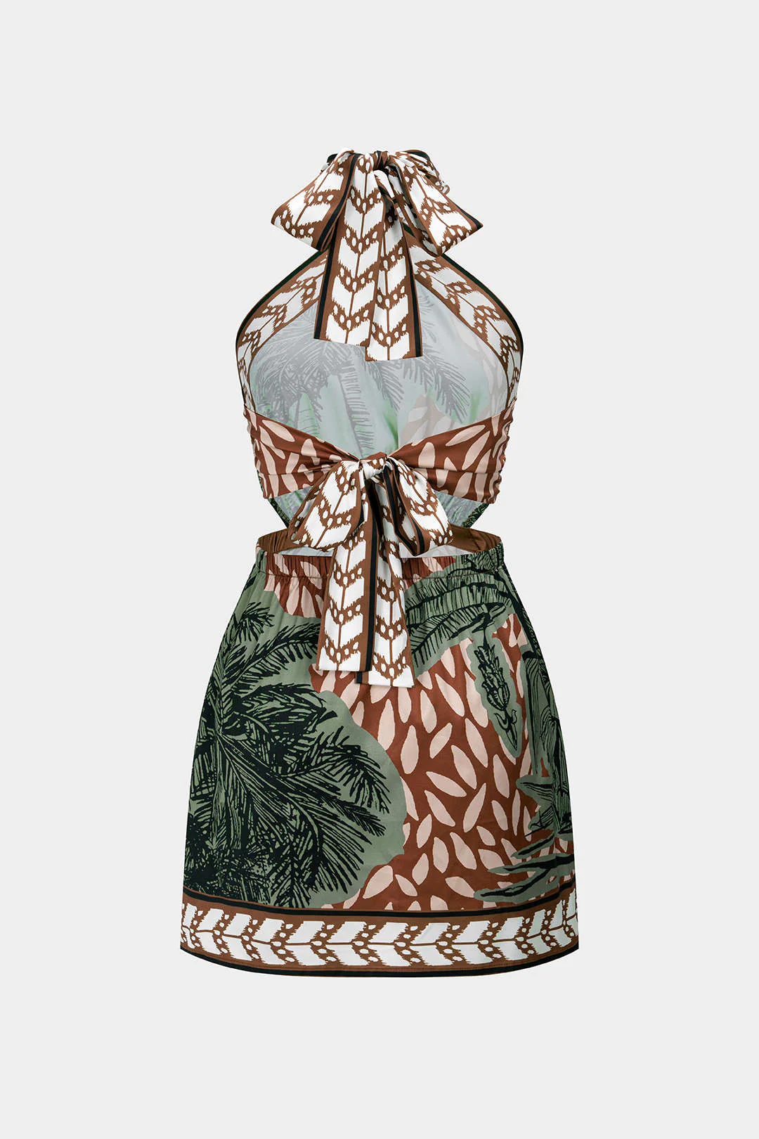Leaves Print Satin Halter Neck Tie Back Backless Sleeveless Mini Dress - Weenar