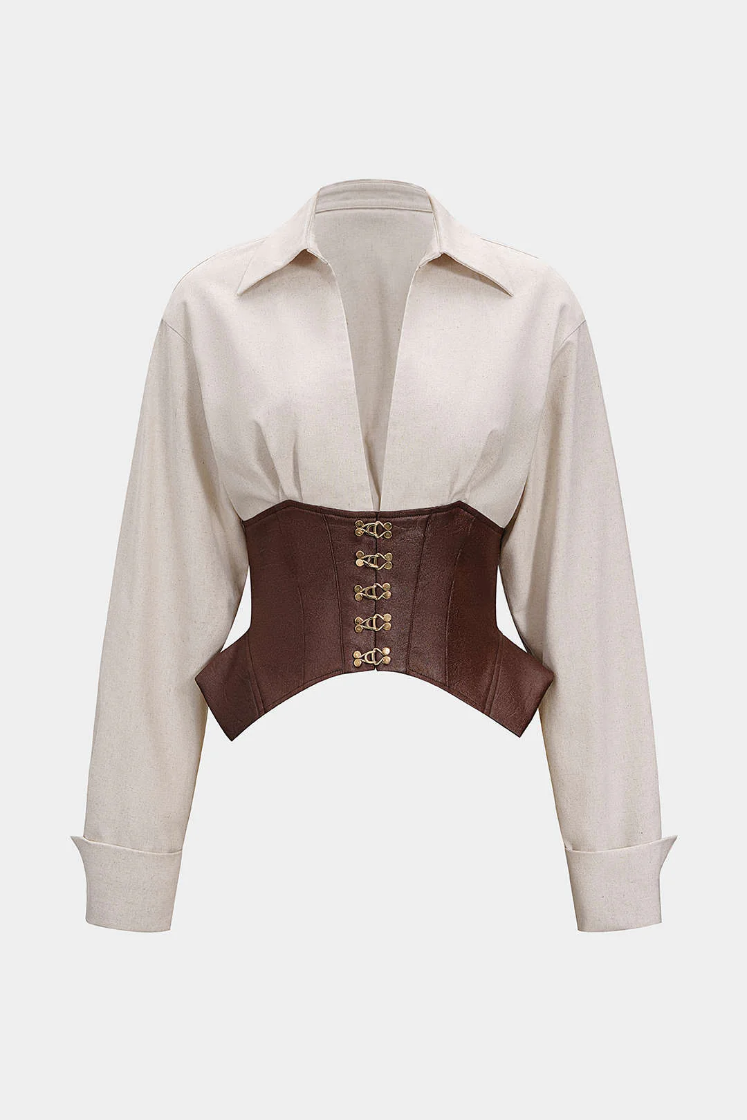 Linen Patchwork Metallic Buckle Long-Sleeve Shirt - Weenar
