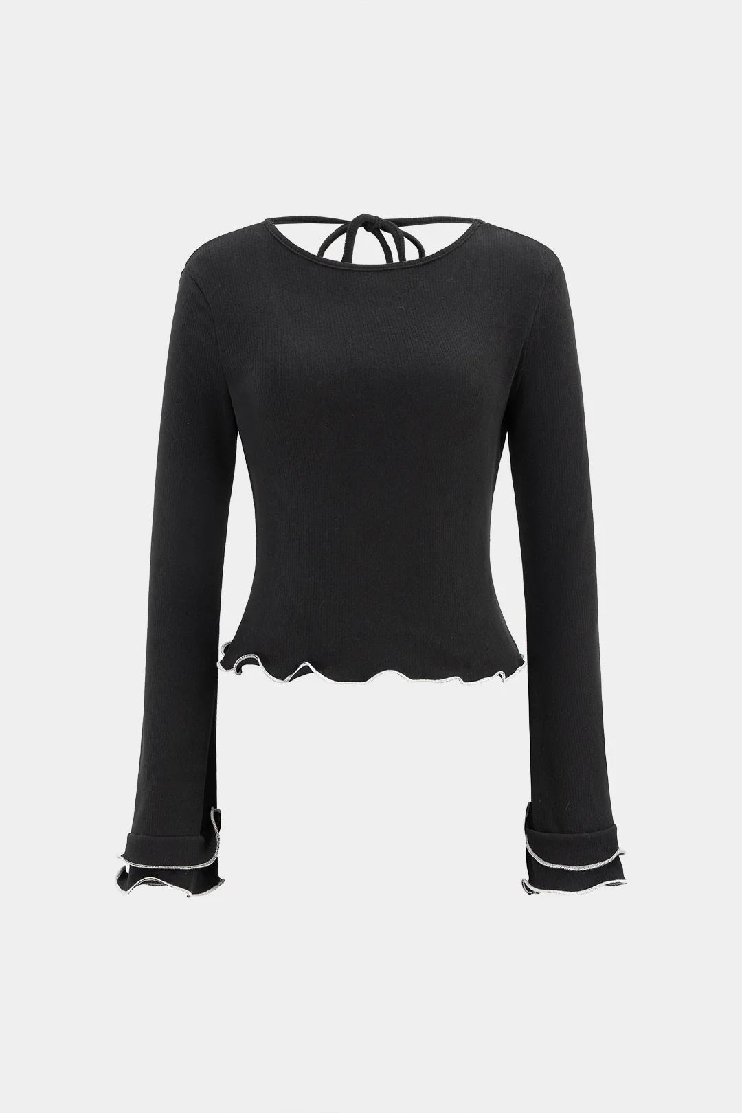 Contrast Scallop Edge Tie-Up Long-Sleeve Top - Weenar