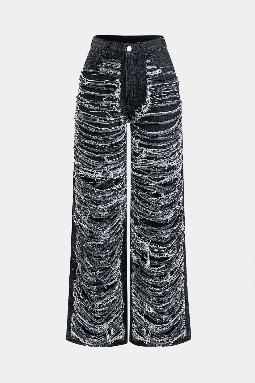 Denim Frayed  Cut Out Button Zipper Wide Leg Jeans - Weenar