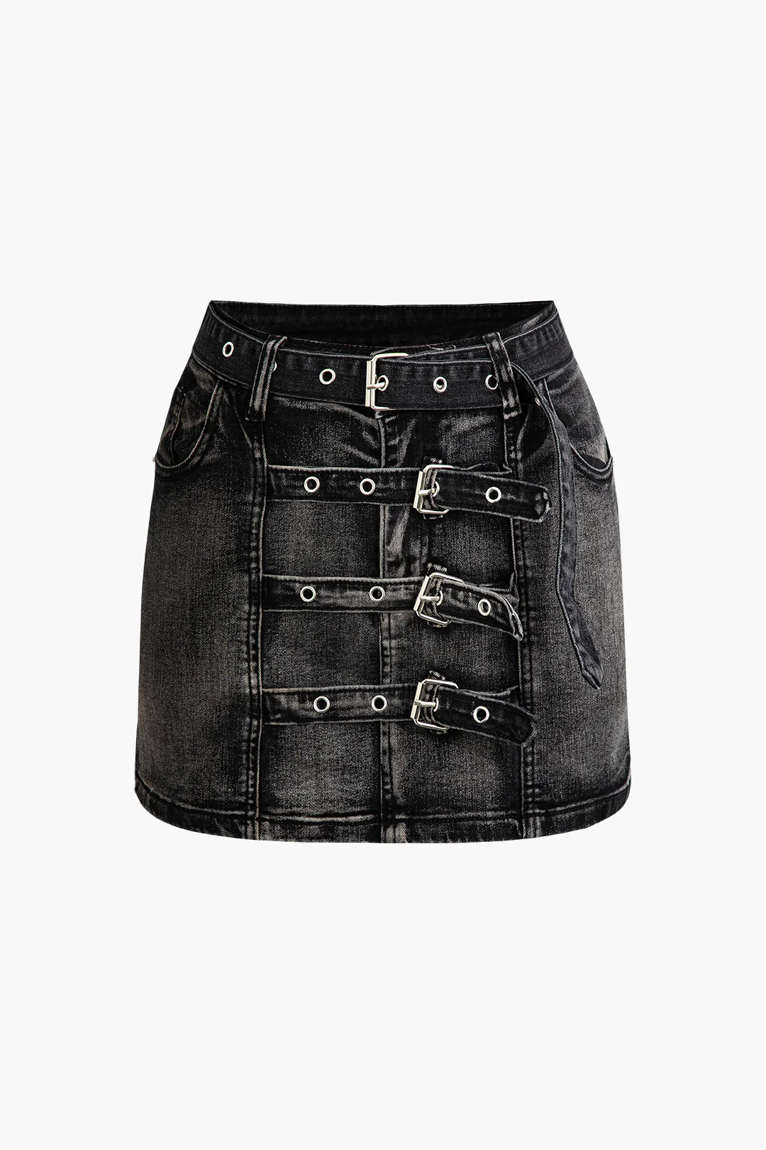 Denim Multiple Button Belted Skirt - Weenar