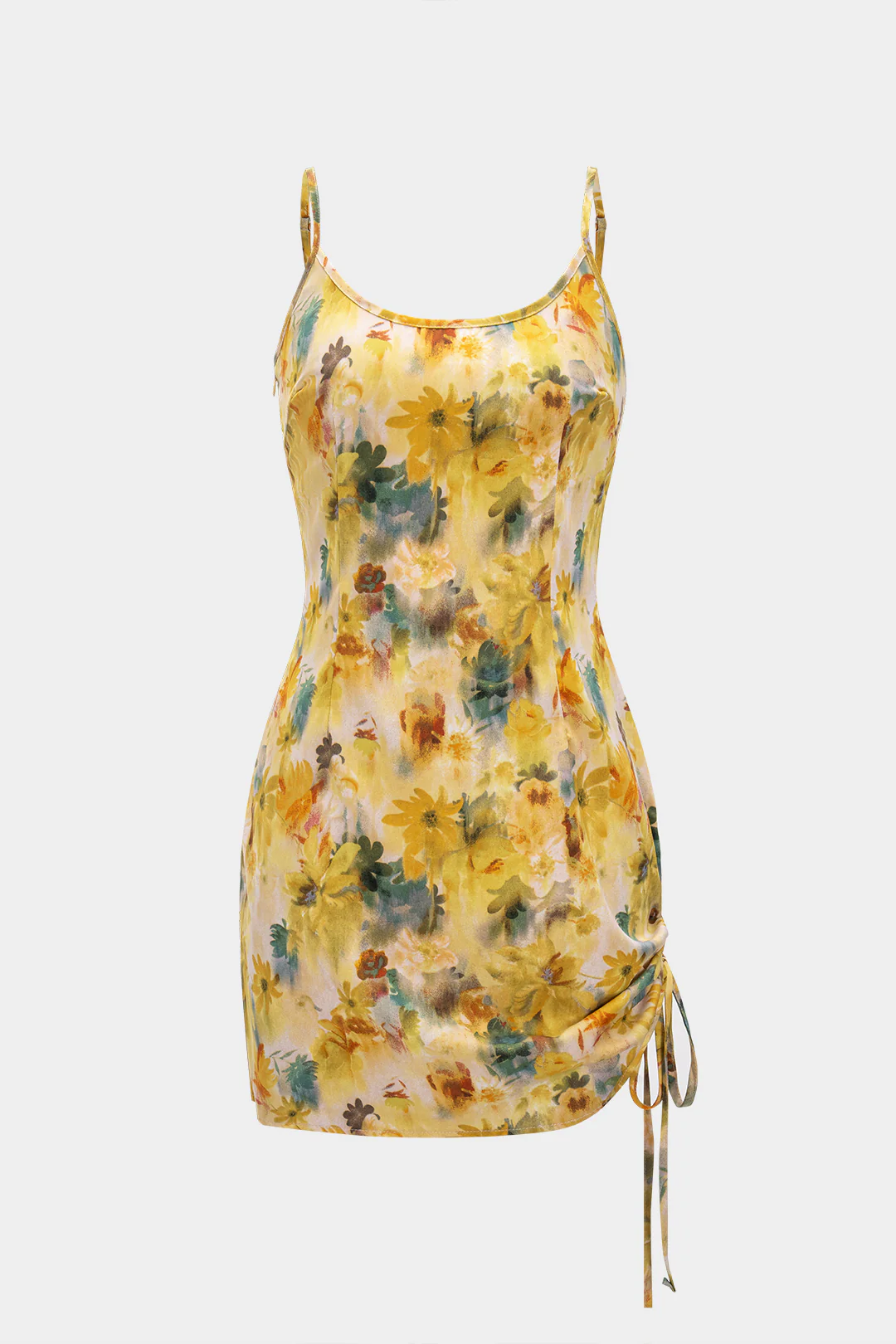 Floral Print Tie Side Ruched Sleeveless Mini Dress - Weenar
