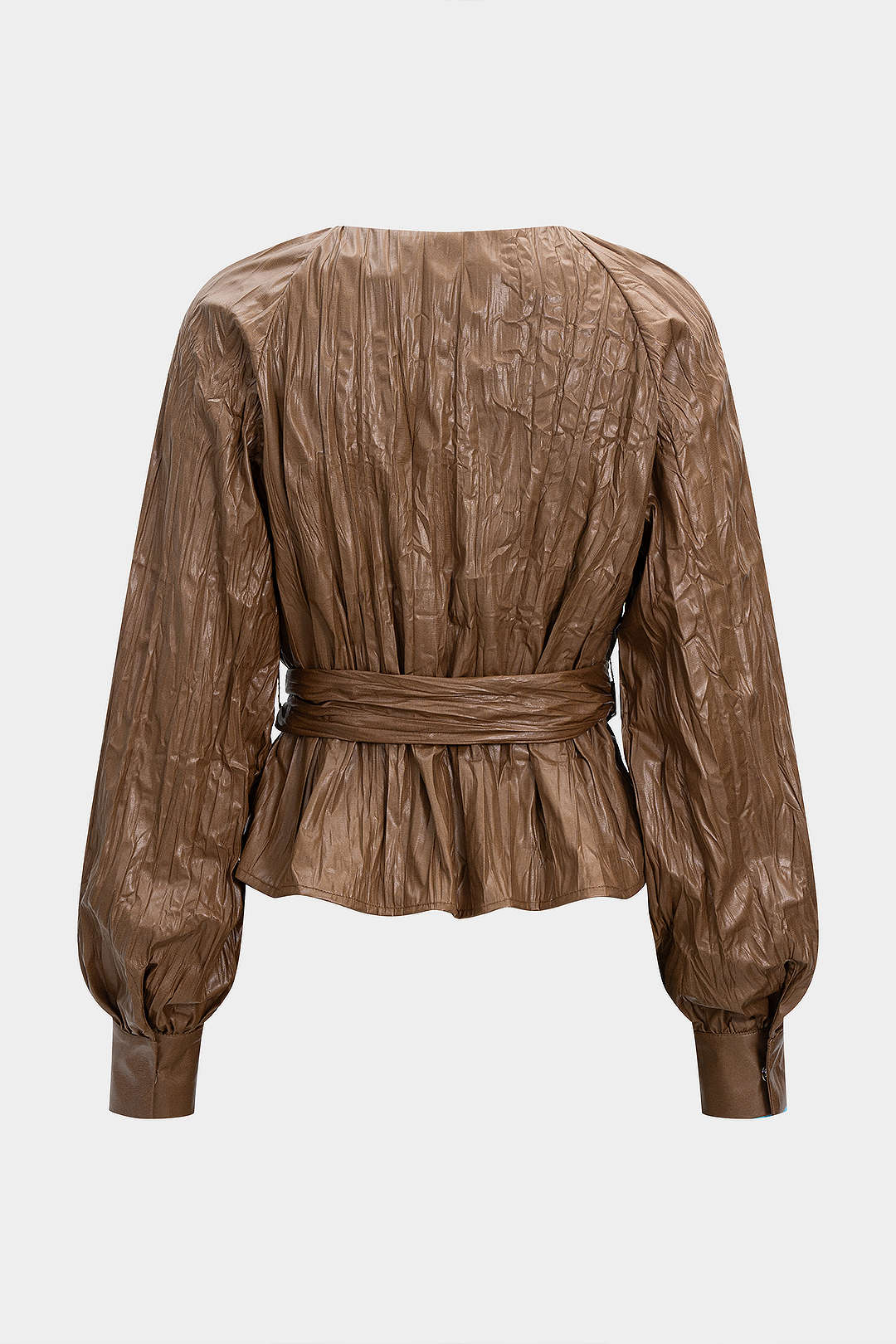 Faux Leather Pleated Belted V-Neck Long-Sleeve Shirt - Weenar
