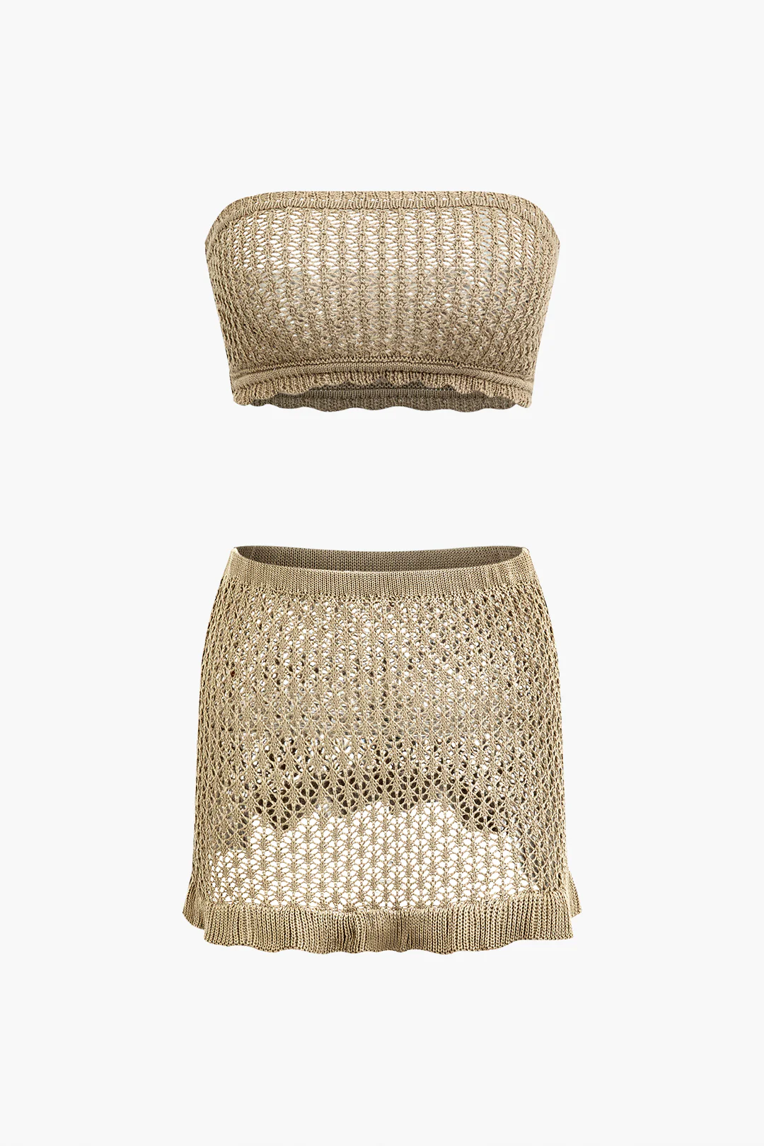 Knit Solid Cut Out Tube Top And Scallop Edge Skirt Set - Weenar