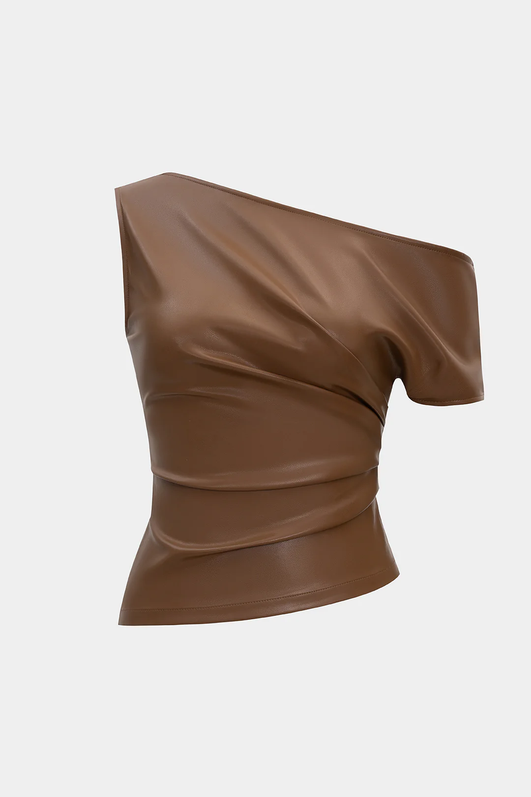 Faux Leather Asymmetrical Shoulder Ruched T-Shirt - Weenar