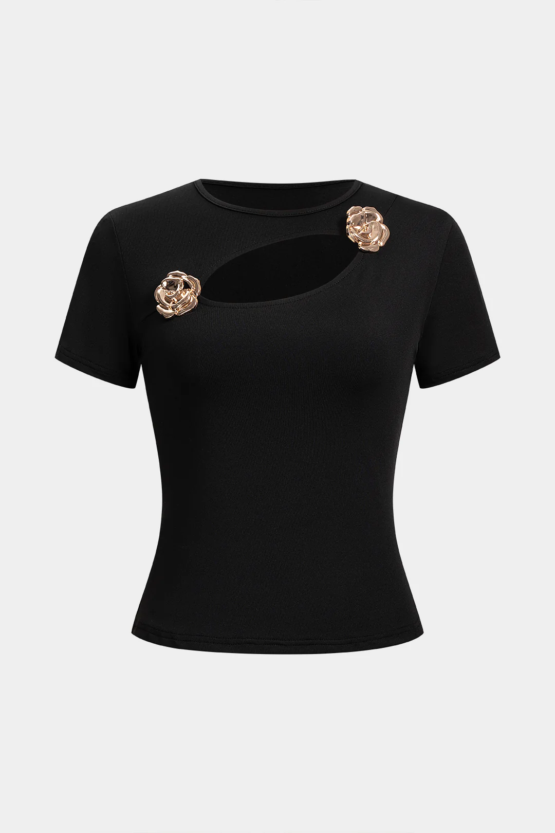 Metallic Round Neck Cut Out Short Sleeve T-Shirt - Weenar