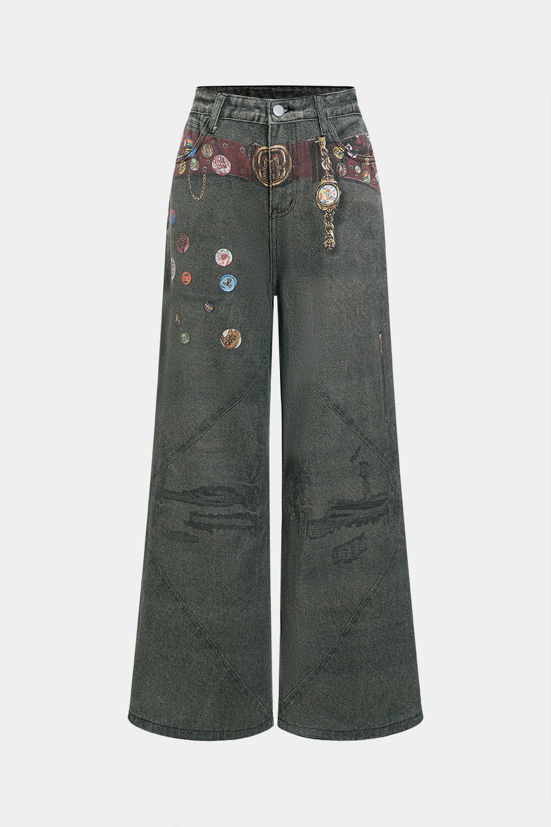 Graffiti Print Denim Wide Leg Pants - Weenar