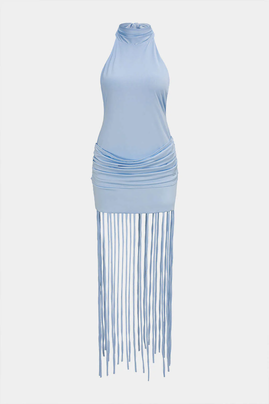 Halter Neck Pleated Fringe Backless Tie Back Sleeveless Midi Dress - Weenar
