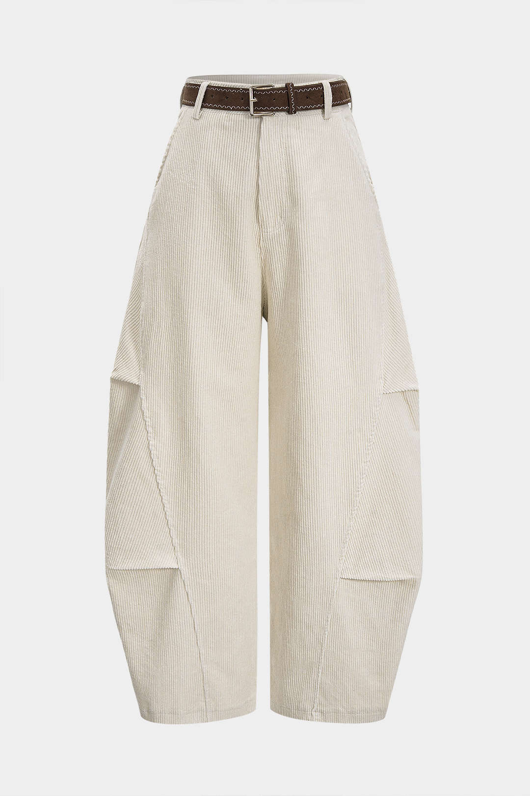 Corduroy Belted Ruched High Waist Wide Leg Pants - Weenar