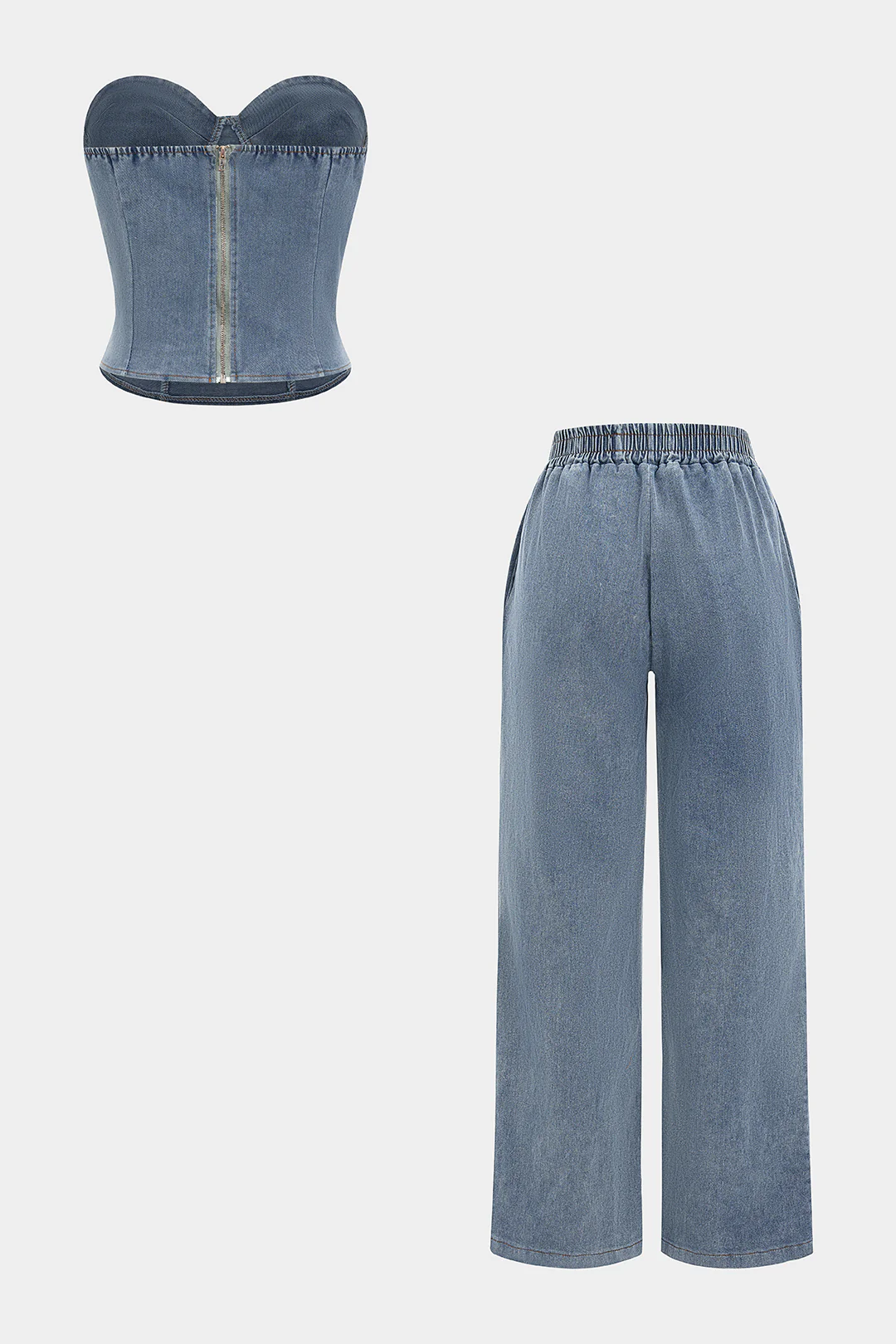 Denim Zipper Tube Top And Jeans Set - Weenar
