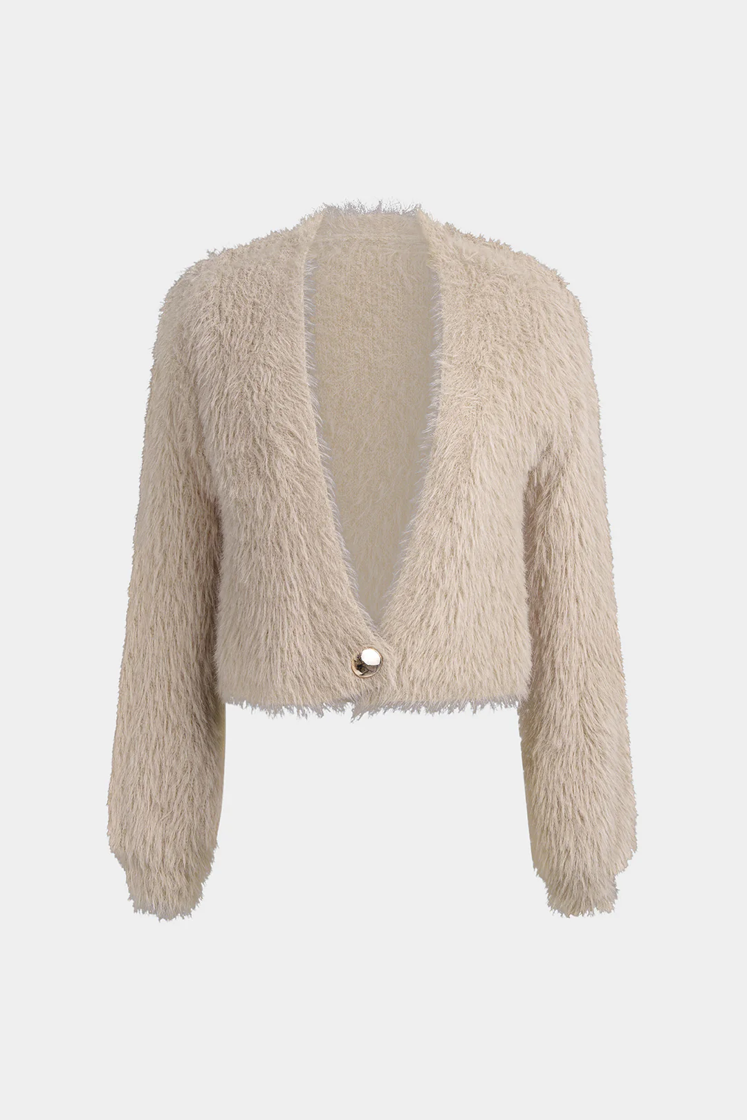 Plush Knit V-Neck One Button Long-Sleeve Top - Weenar