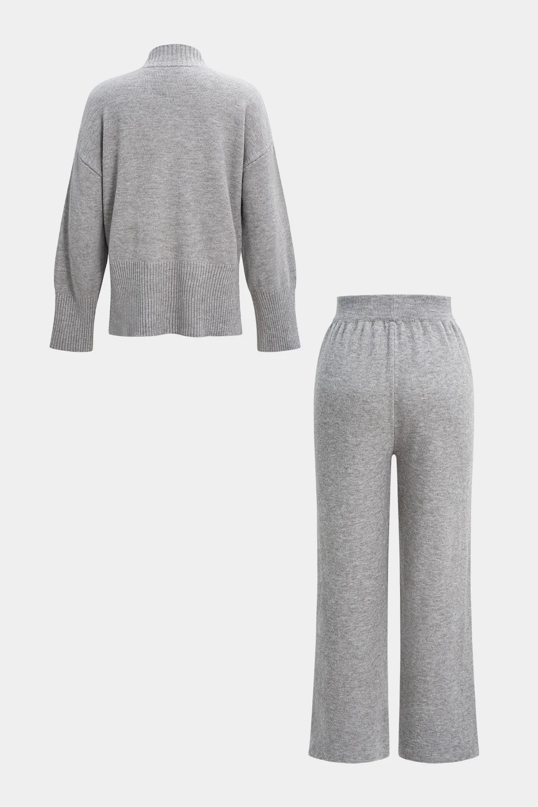 Knit Mock Neck Side Slit Long-Sleeve Top And Wide Leg Pants - Weenar