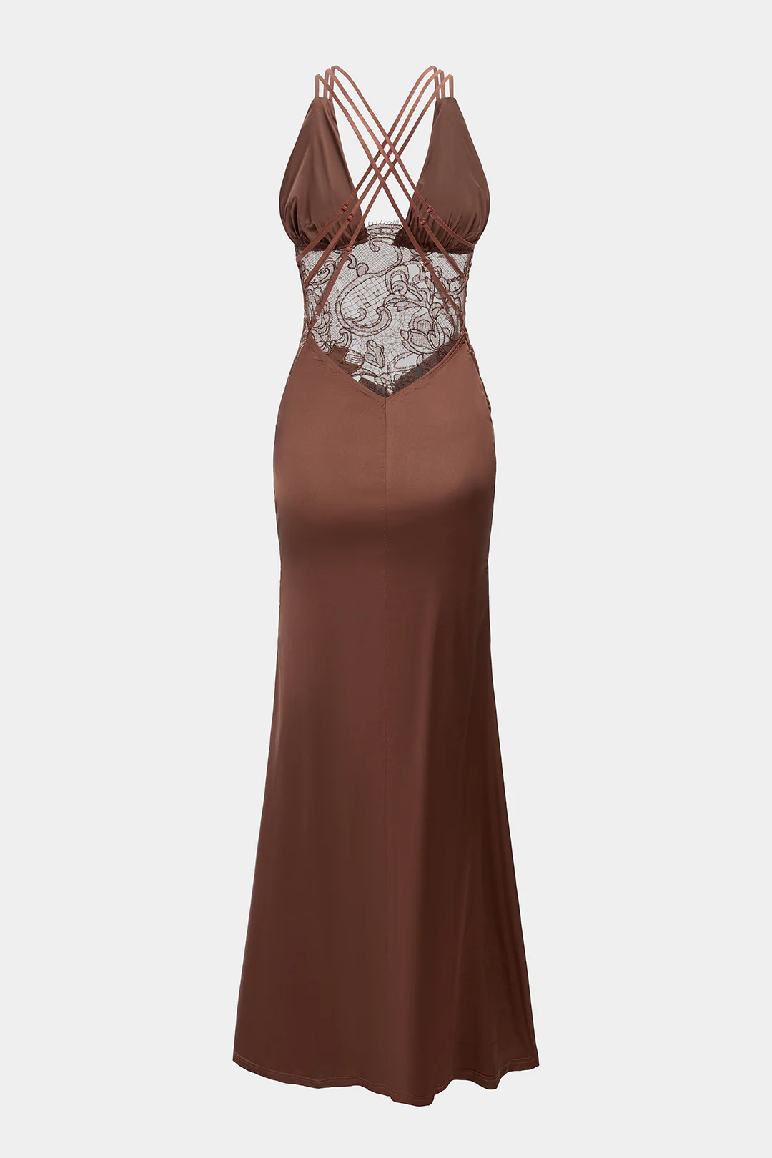 Stain Patchwork Sheer Lace V-Neck Crosssed Backless Maxi Dress - Weenar