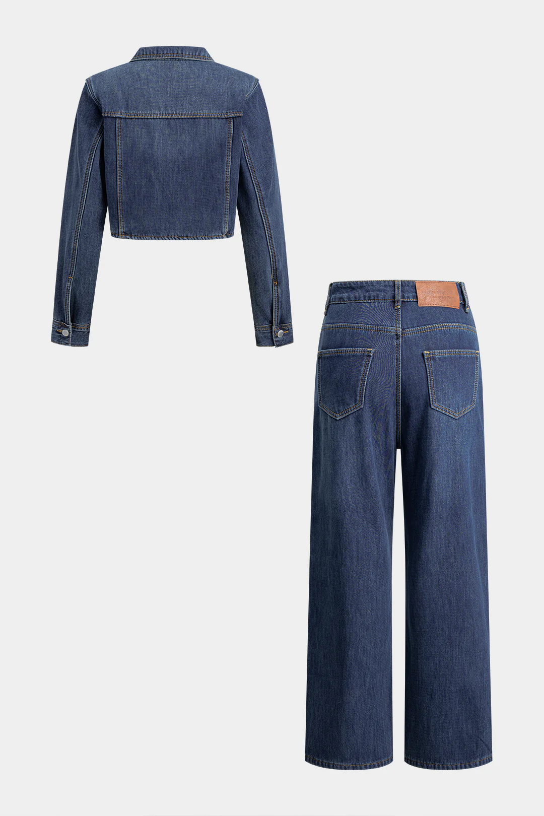 Denim Button Long-Sleeve Top And High Waist Asymmetrical Jeans Set - Weenar