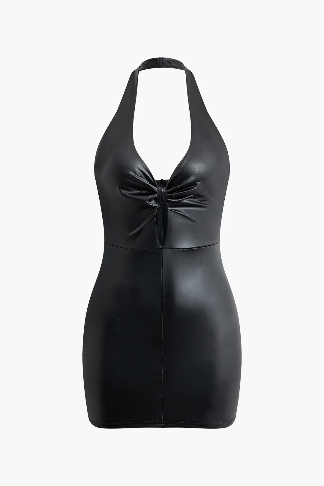 Faux Leather Halter Neck Bow Cut Out Backless Sleeveless Mini Dress - Weenar