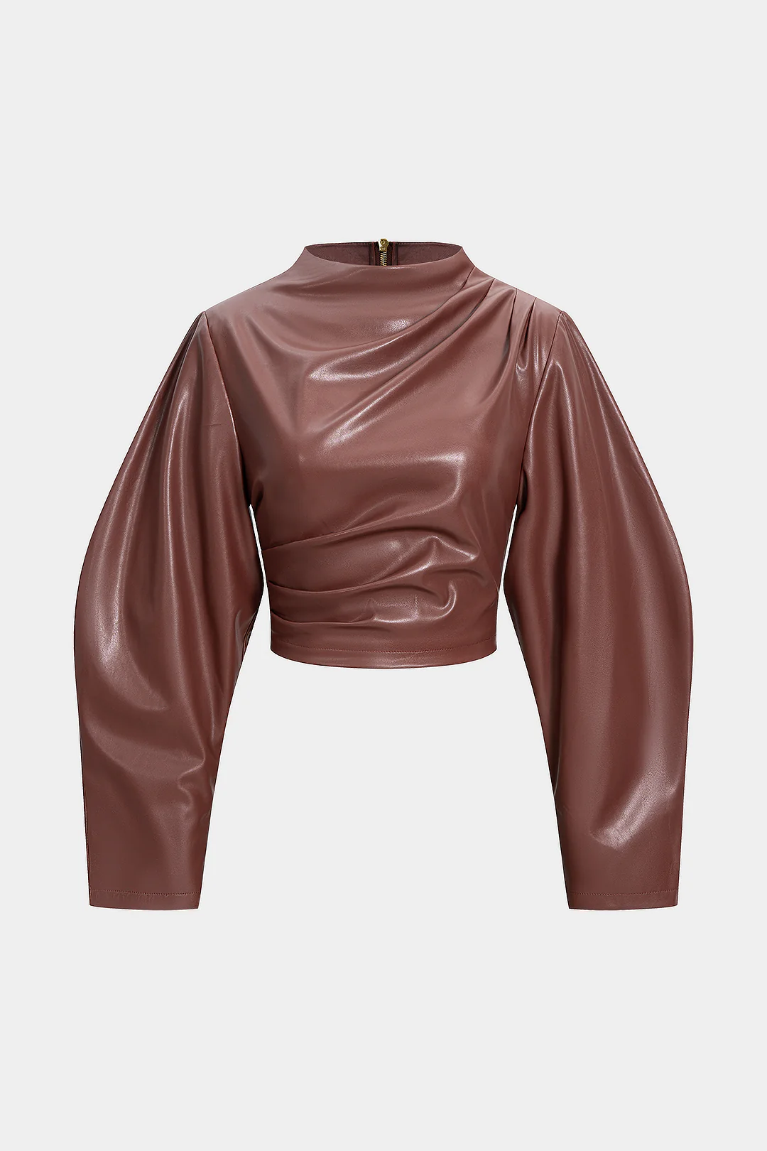 Faux Leather Ruched Zipper Long-Sleeve Shirt - Weenar
