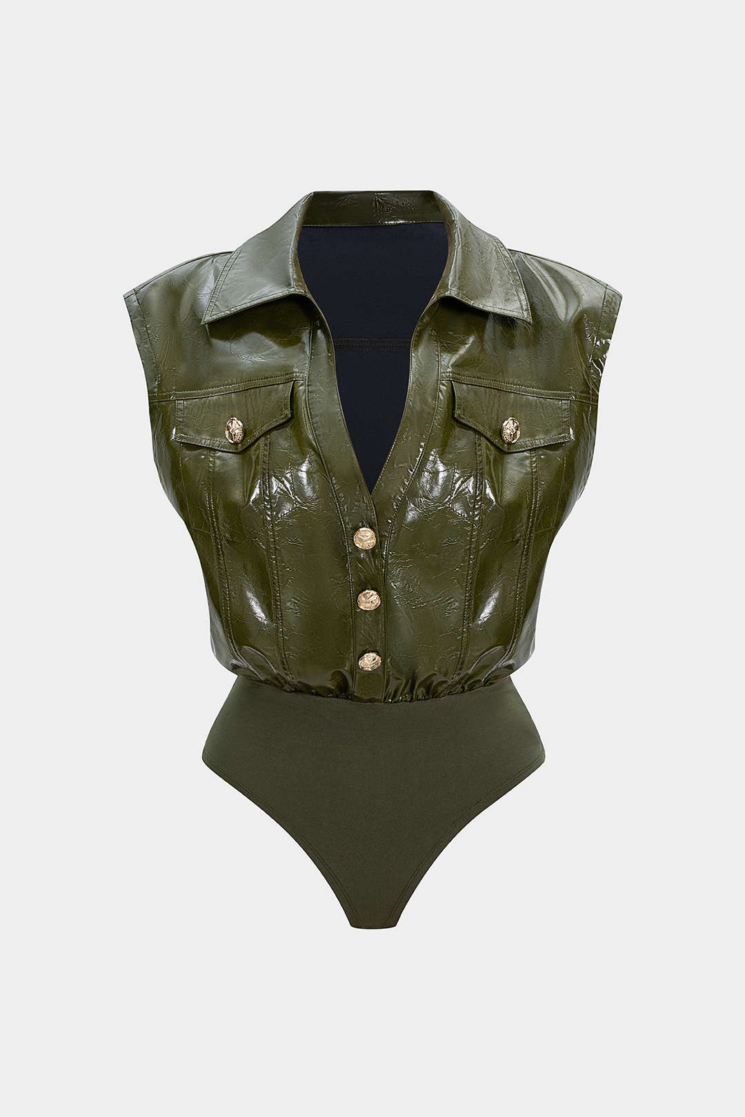 Faux Leather Button Patchwork Tank Sleeveless Bodysuit - Weenar