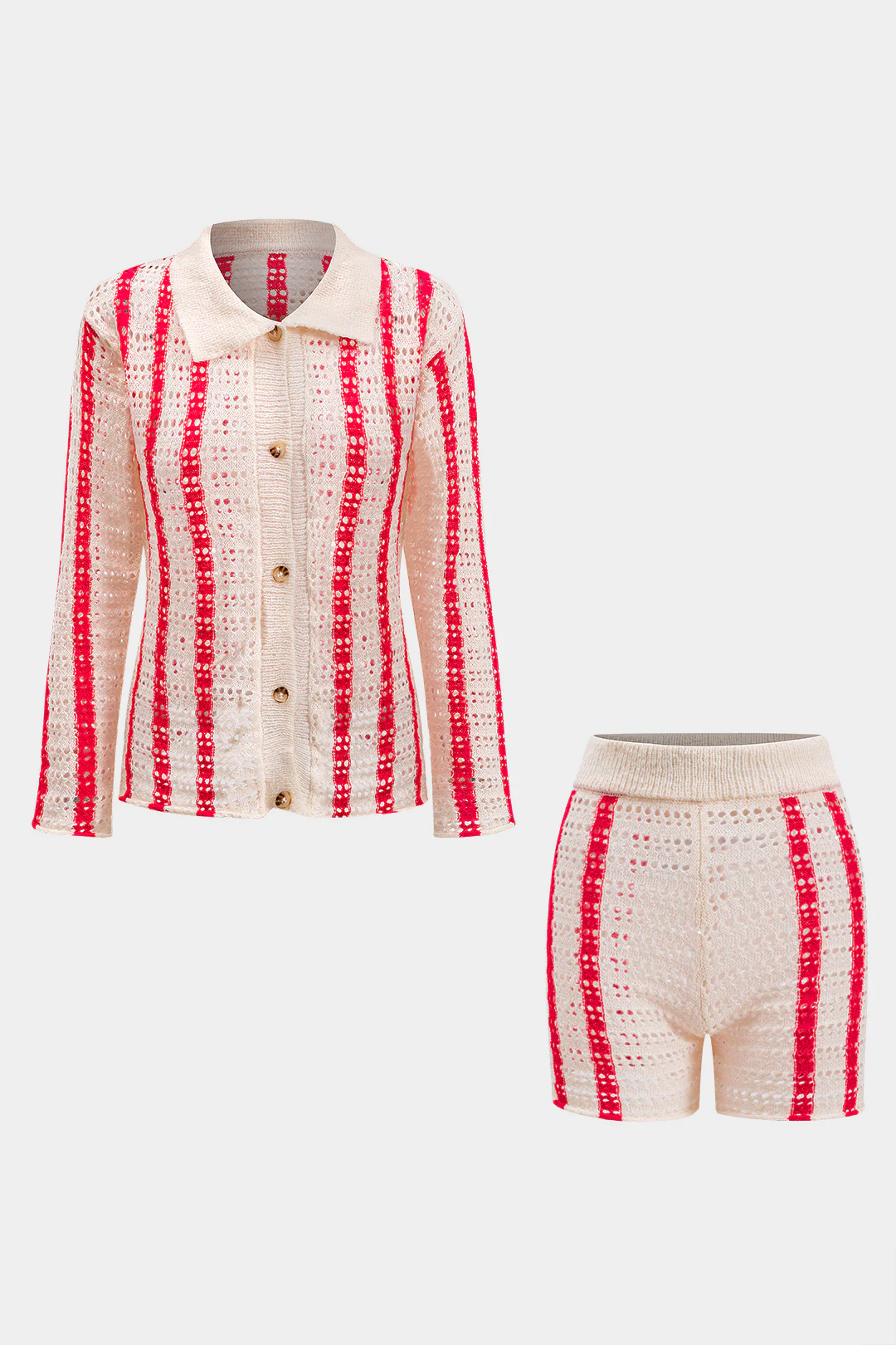 Knit Stripes Print Contrast Button Cut Out Long Sleeve Top And Shorts Set - Weenar