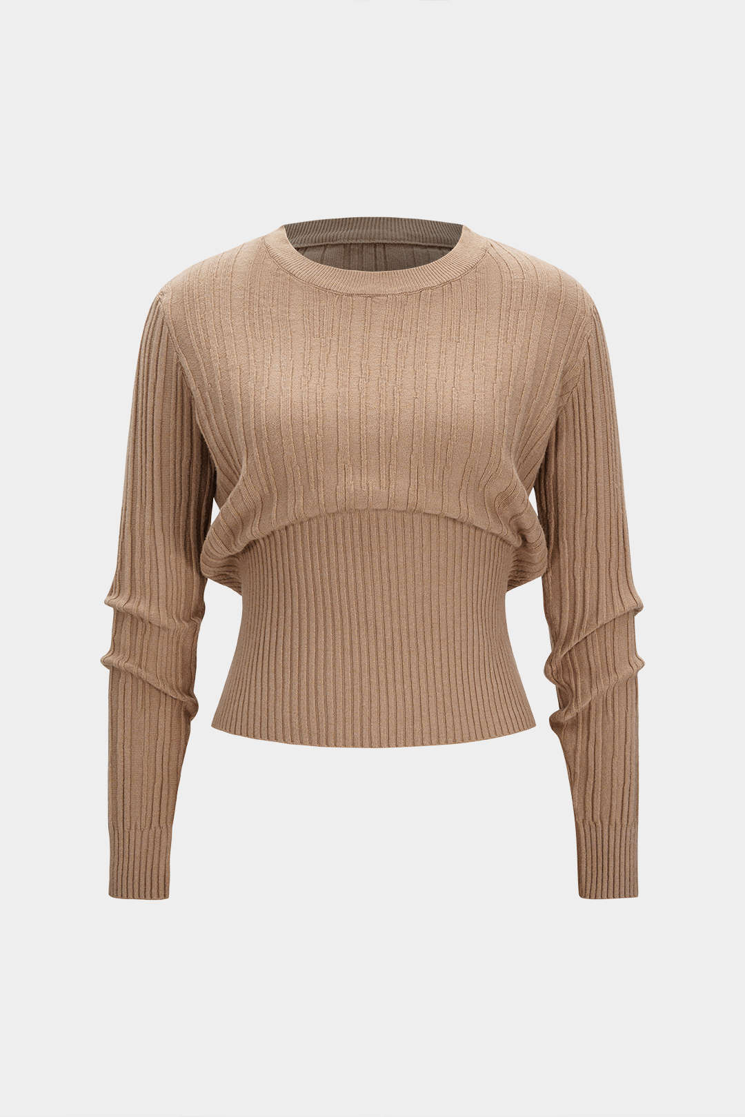 Knit Round Neck Waist-Cinching Long-Sleeve Top - Weenar