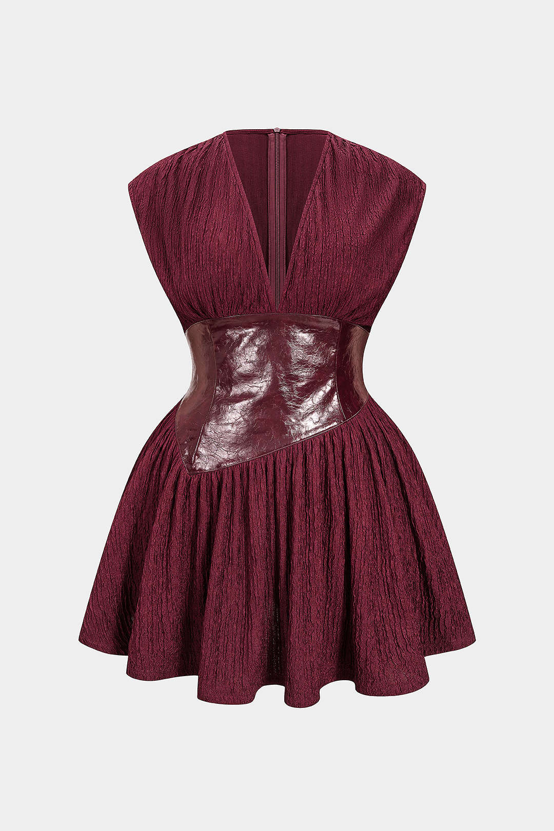 Plus Size Faux Leather Patchwork V-Neck Sleeveless Mini Dress - Weenar