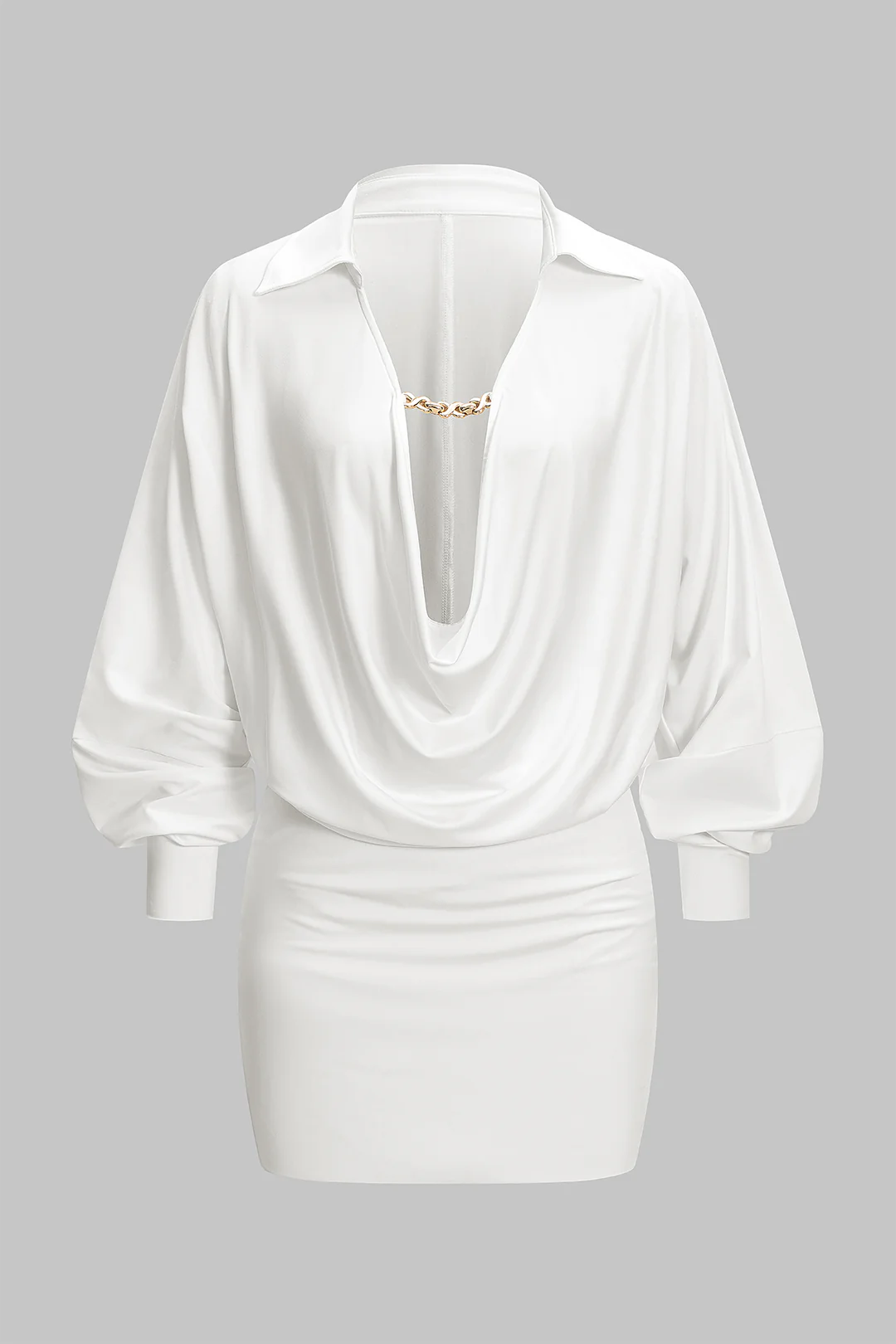 Ruched Draped Cowl V-Neck Long Sleeve Mini Dress - Weenar