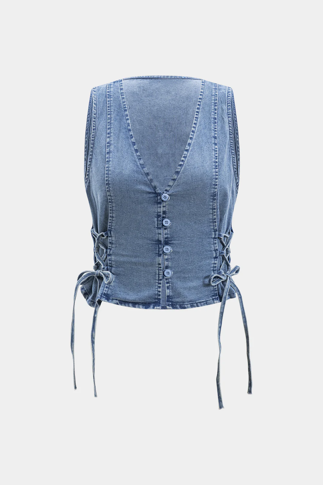 Denim Ruched Button Tie Knot Vest - Weenar