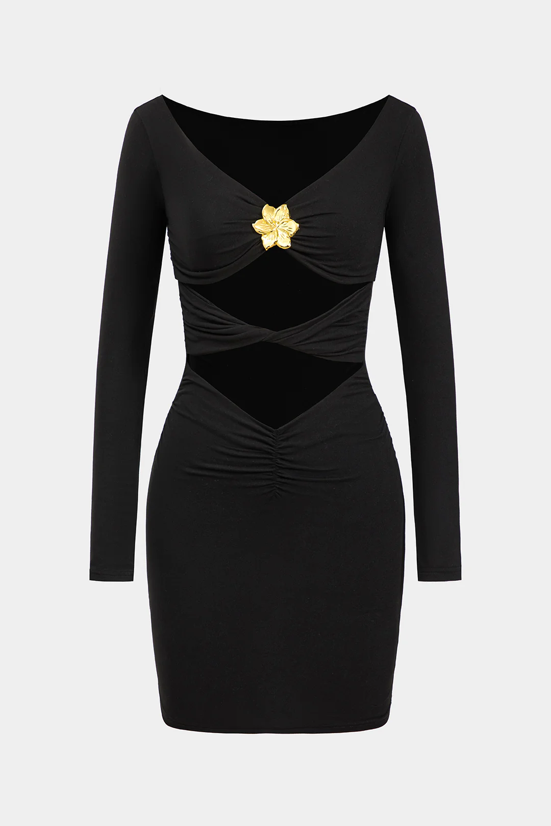 Metallic Flower Twist Knot Cut Out Long Sleeve Mini Dress - Weenar