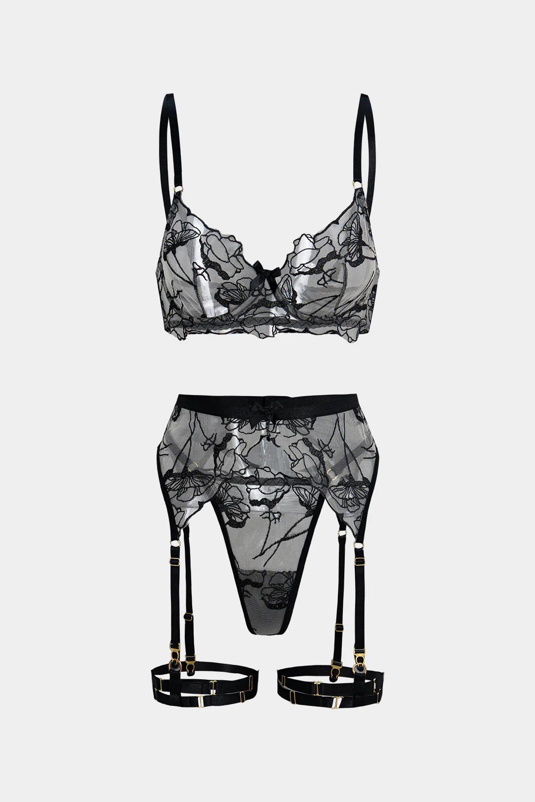 Embroidery Sheer Underwire Lingerie Garter Set - Weenar