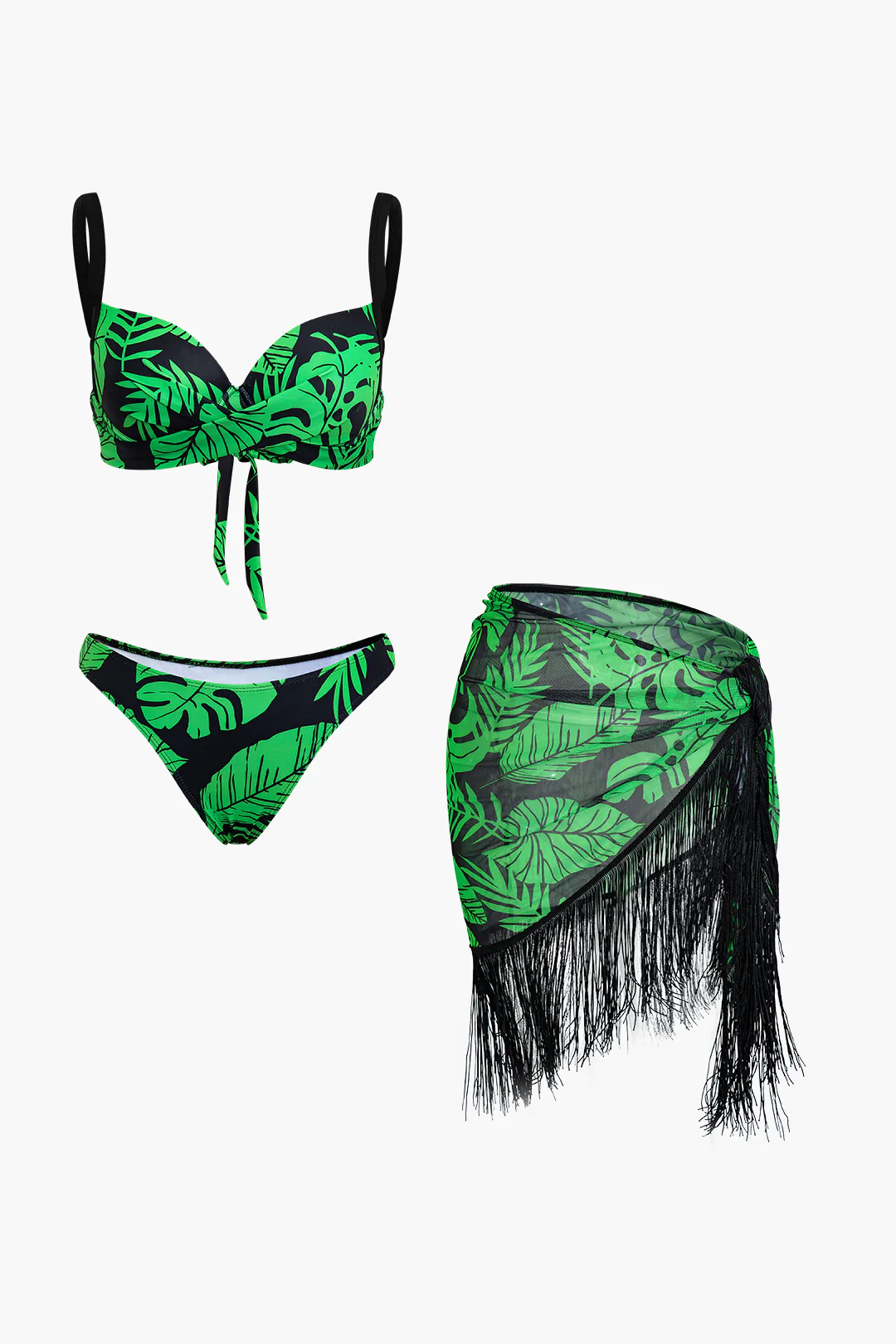 3PC Palm Leaf Print Tie Up Fringe Bikini Set - Weenar
