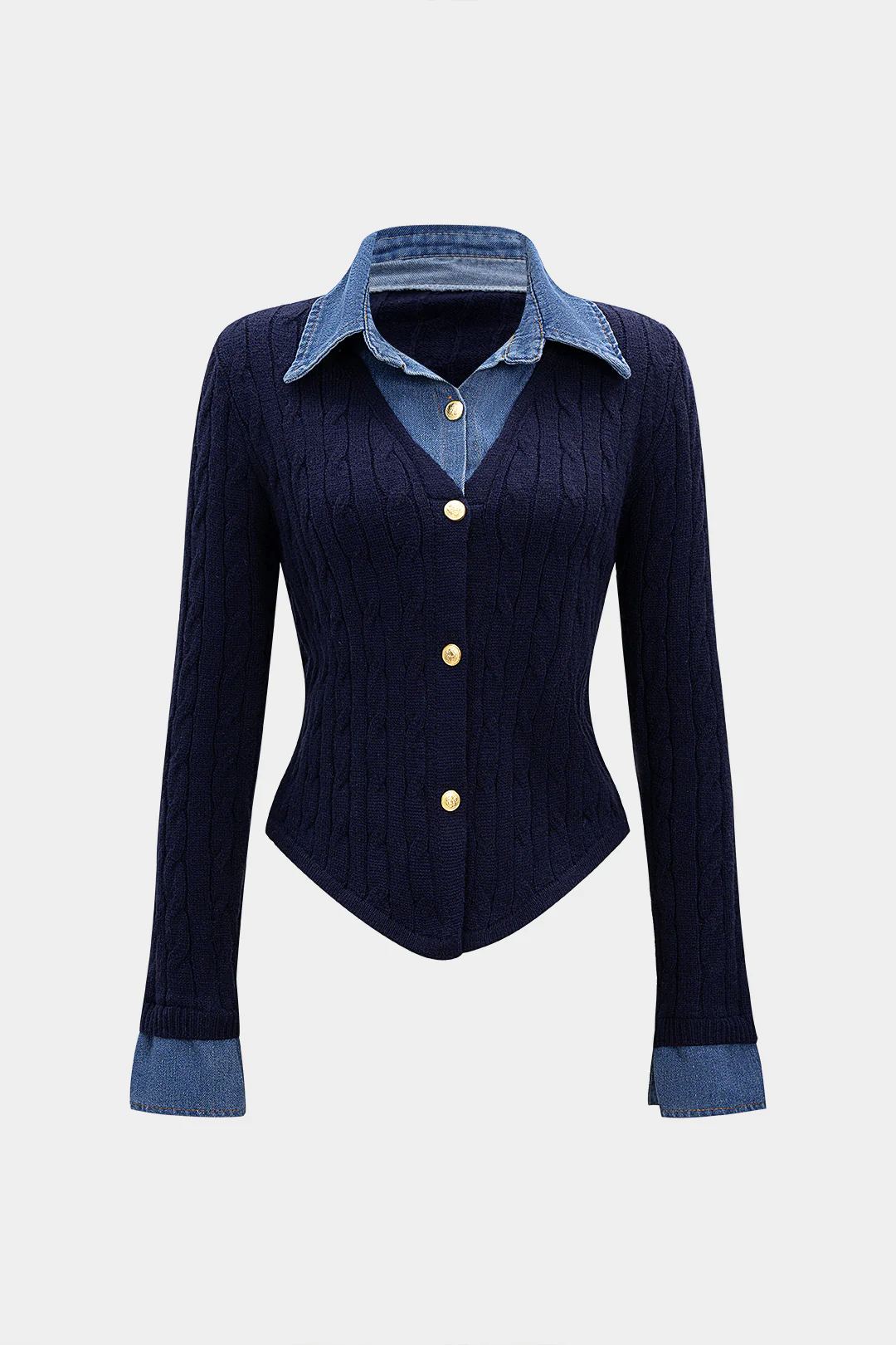 Cable Knit Patchwork Button Long-Sleeve Top - Weenar