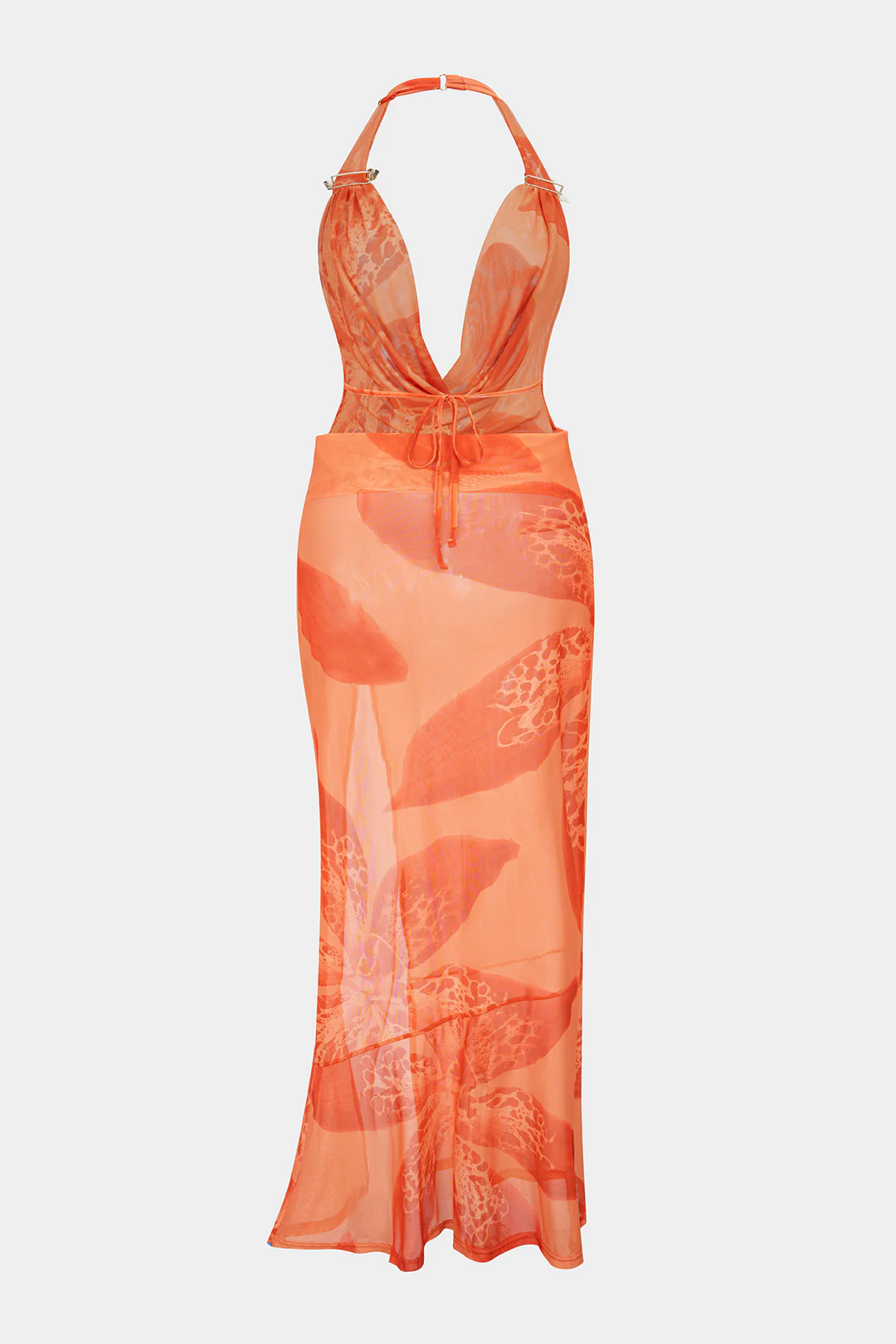 Floral Print Halter Draped Cowl Neck Slit Cover Up - Weenar