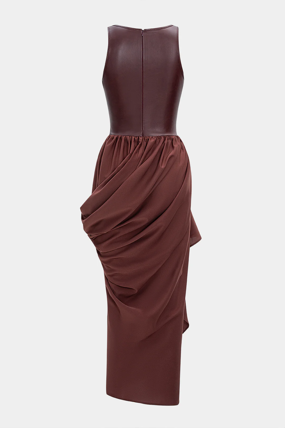 Faux Leather Patchwork Ruched Asymmetrical Sleeveless Maxi Dress - Weenar