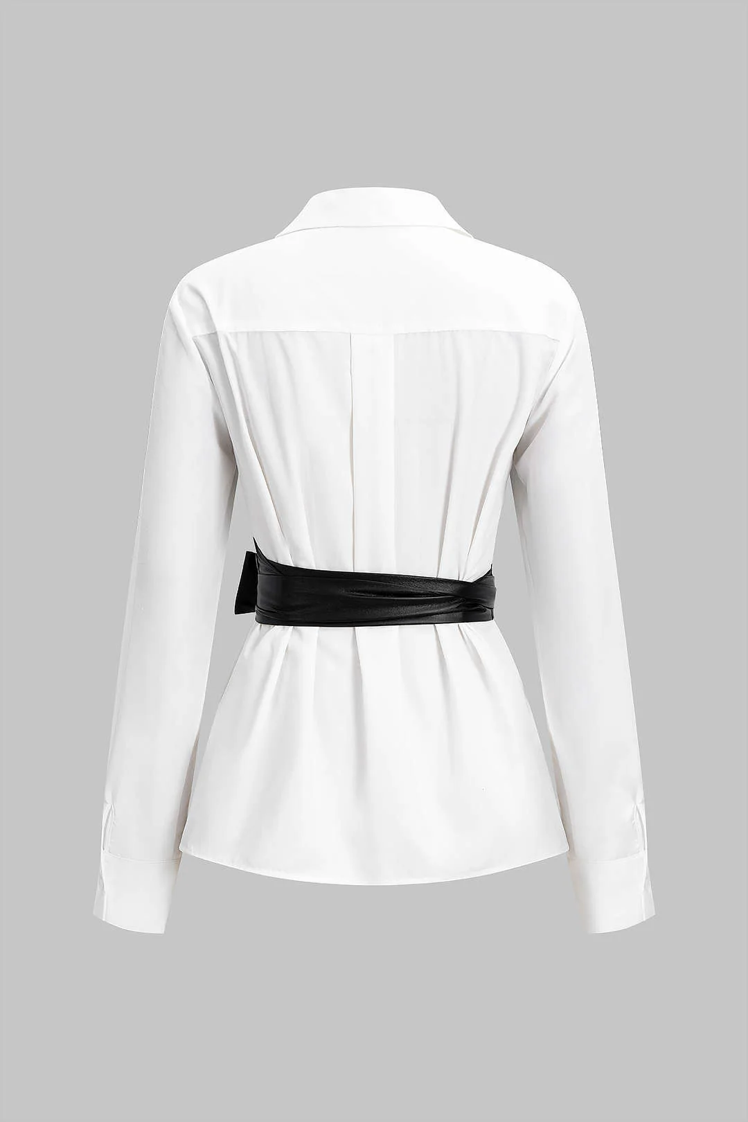 Faux Leather Patchwork Tie-Back Long-Sleeve Shirt - Weenar