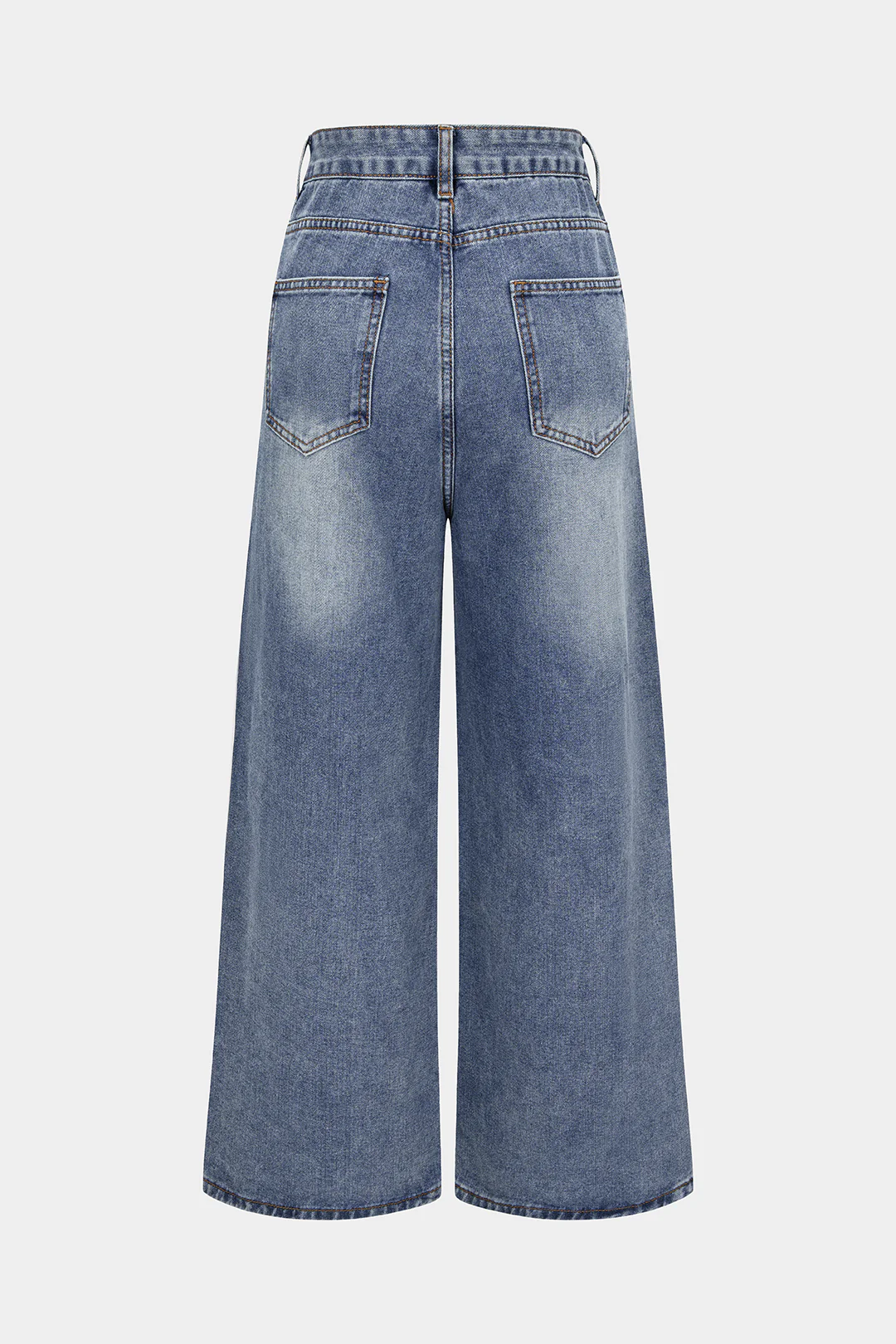 Denim Drawstring Beads Decor High Waist Wide Leg Jeans - Weenar