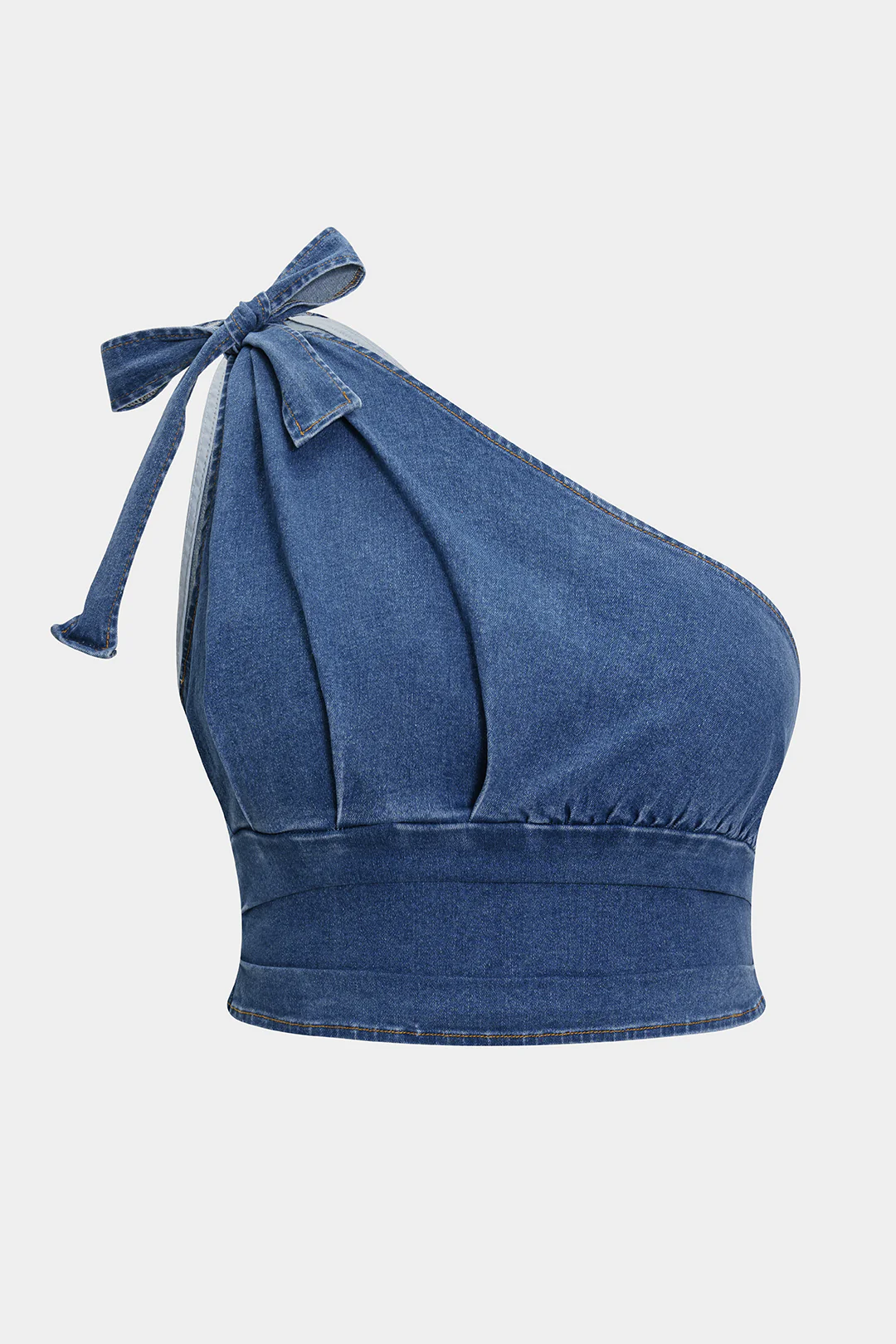 Plus Size Denim Zipper Asymmetrical Knotted Crop Top - Weenar