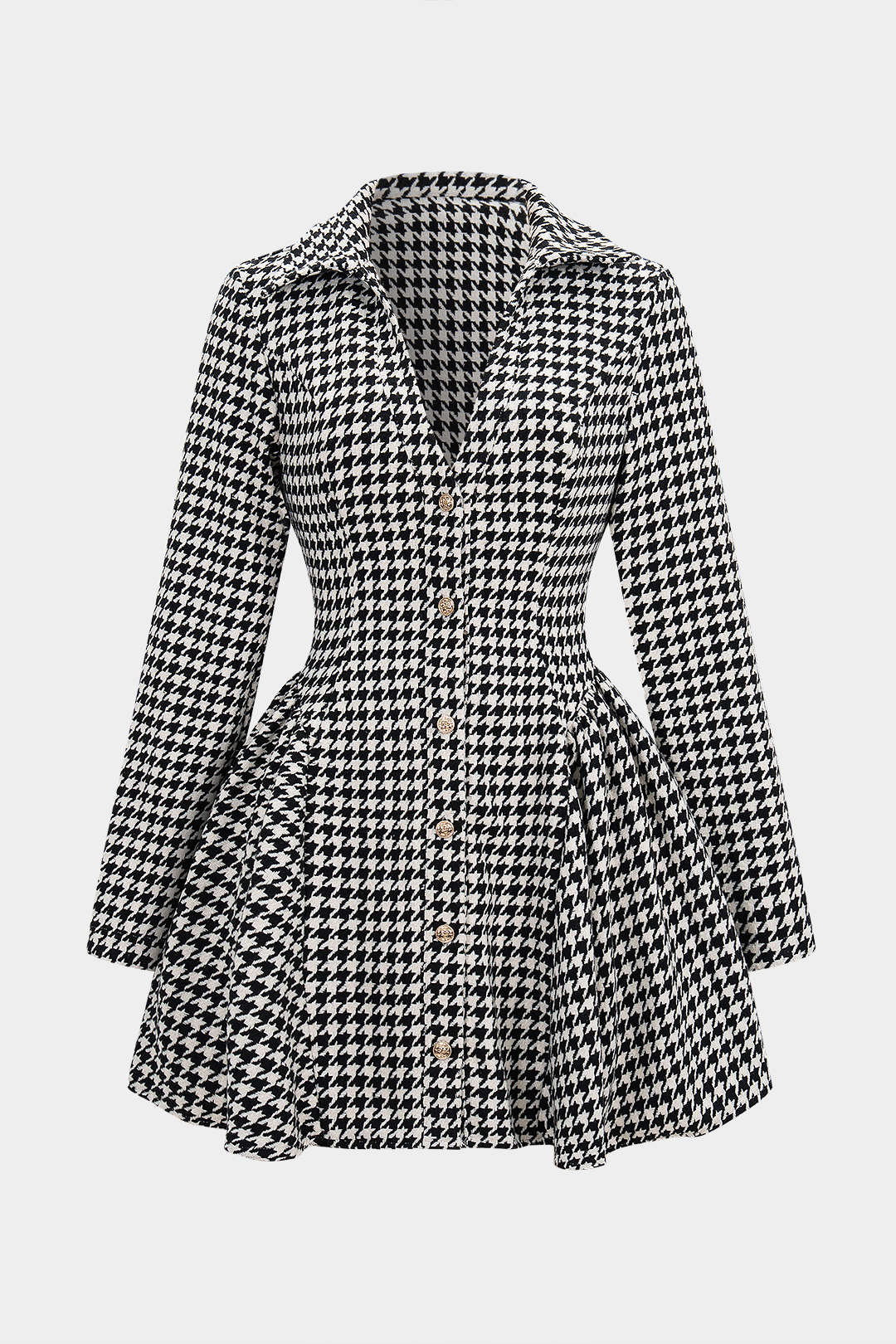 Houndstooth Print Button Ruched V-Neck Long Sleeve Mini Dress - Weenar
