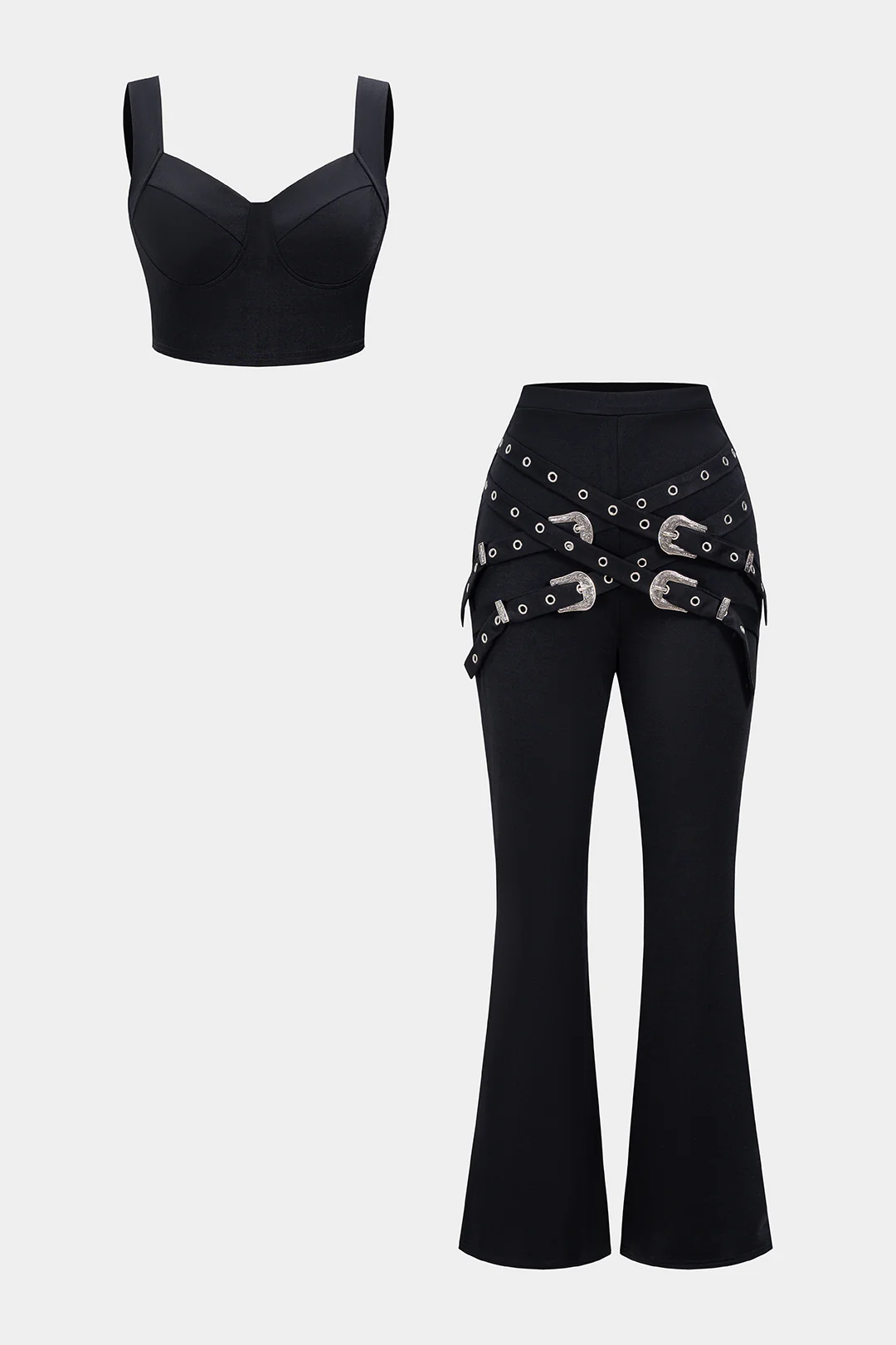Solid Zipper Cami Top And Belted Pants Set - Weenar