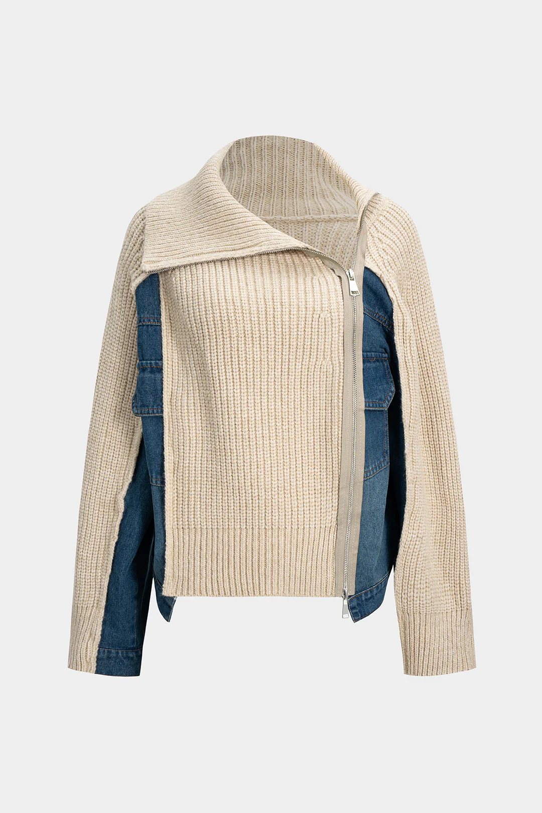 Knit Denim Patchwork Asymmetric Zipper Cardigan - Weenar