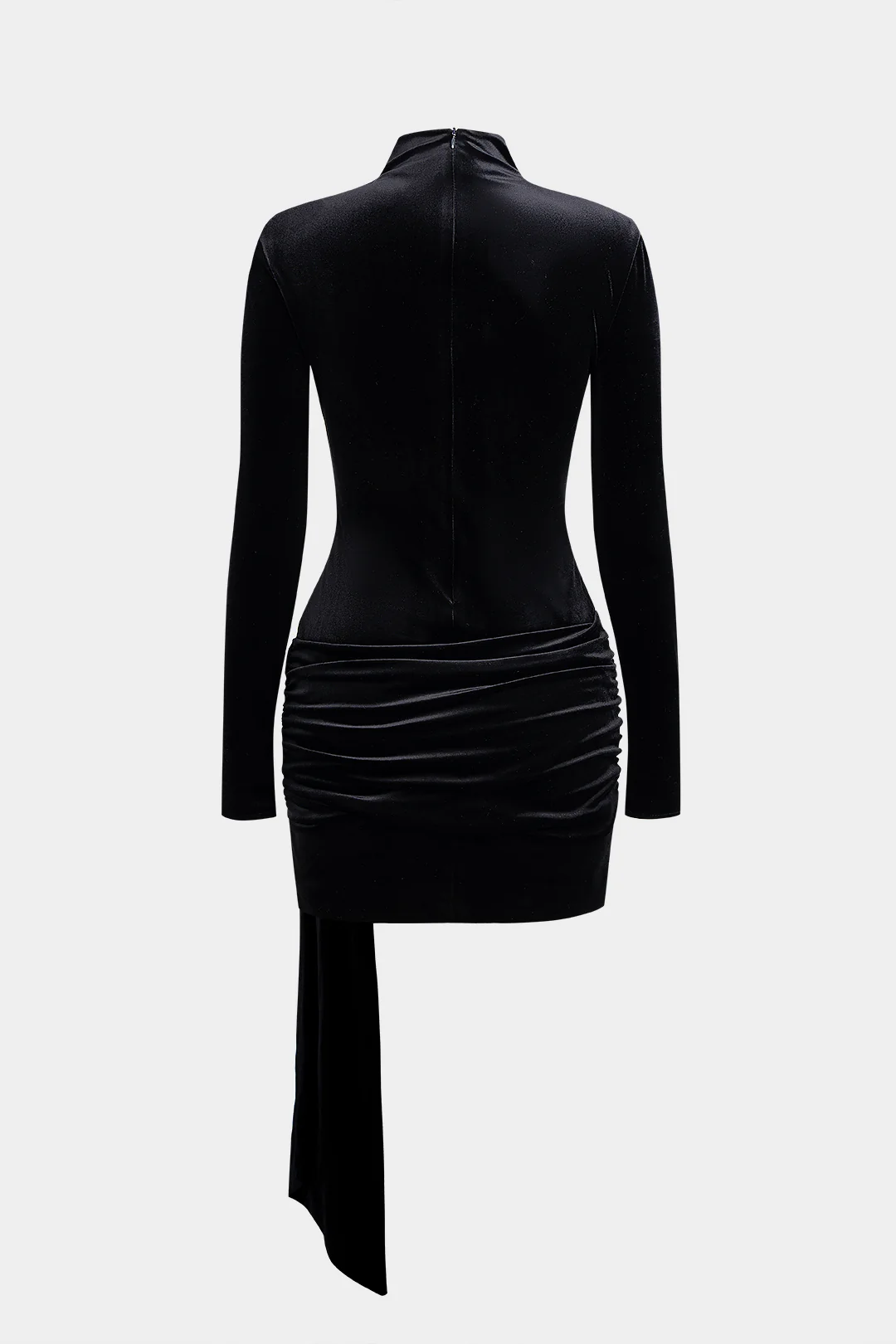 Mock Neck Velvet Ruched Zipper Long Sleeve Mini Dress - Weenar