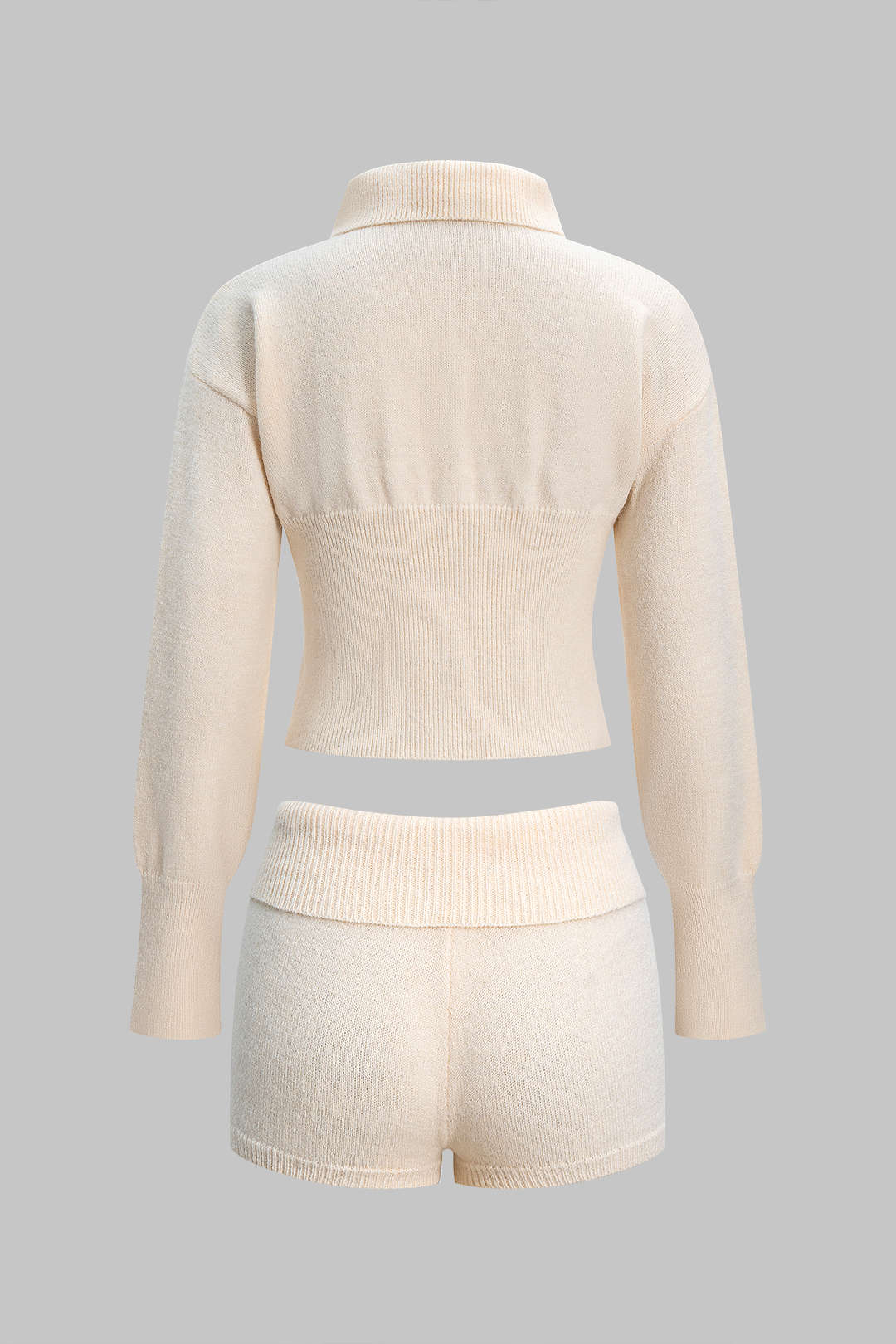 Knit Button Lapel Long-Sleeve Top And Shorts Set - Weenar