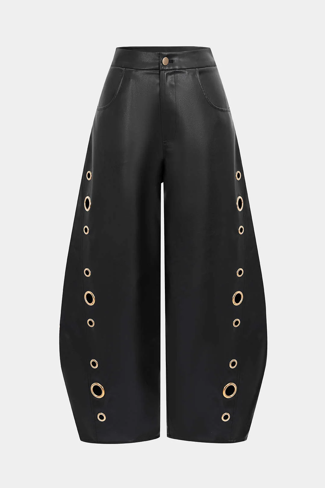 Faux Leather Metallic Zipper Hollow Out Ring Trousers - Weenar