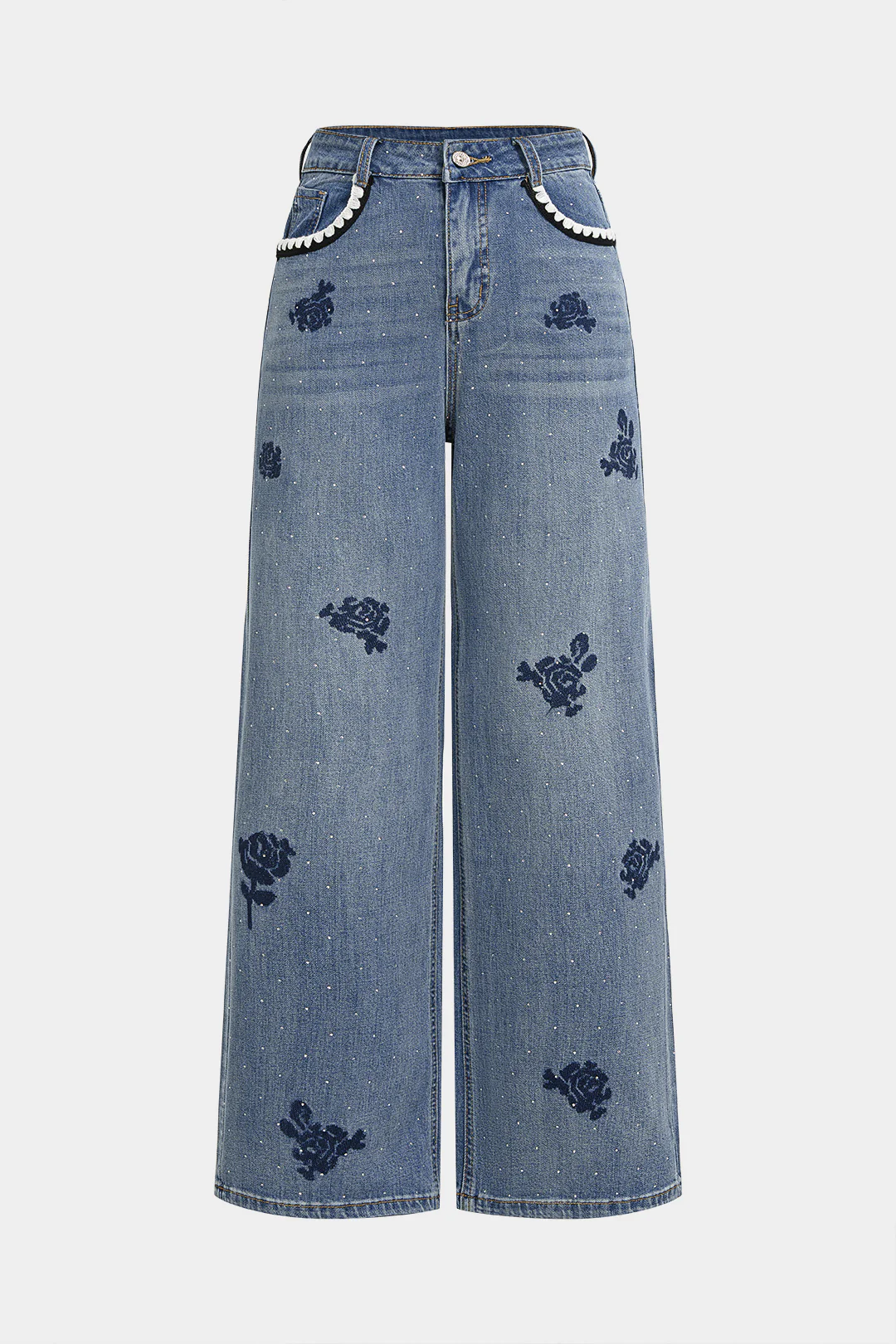 Denim Floral Embroidery High Waist Straight Leg Jeans - Weenar