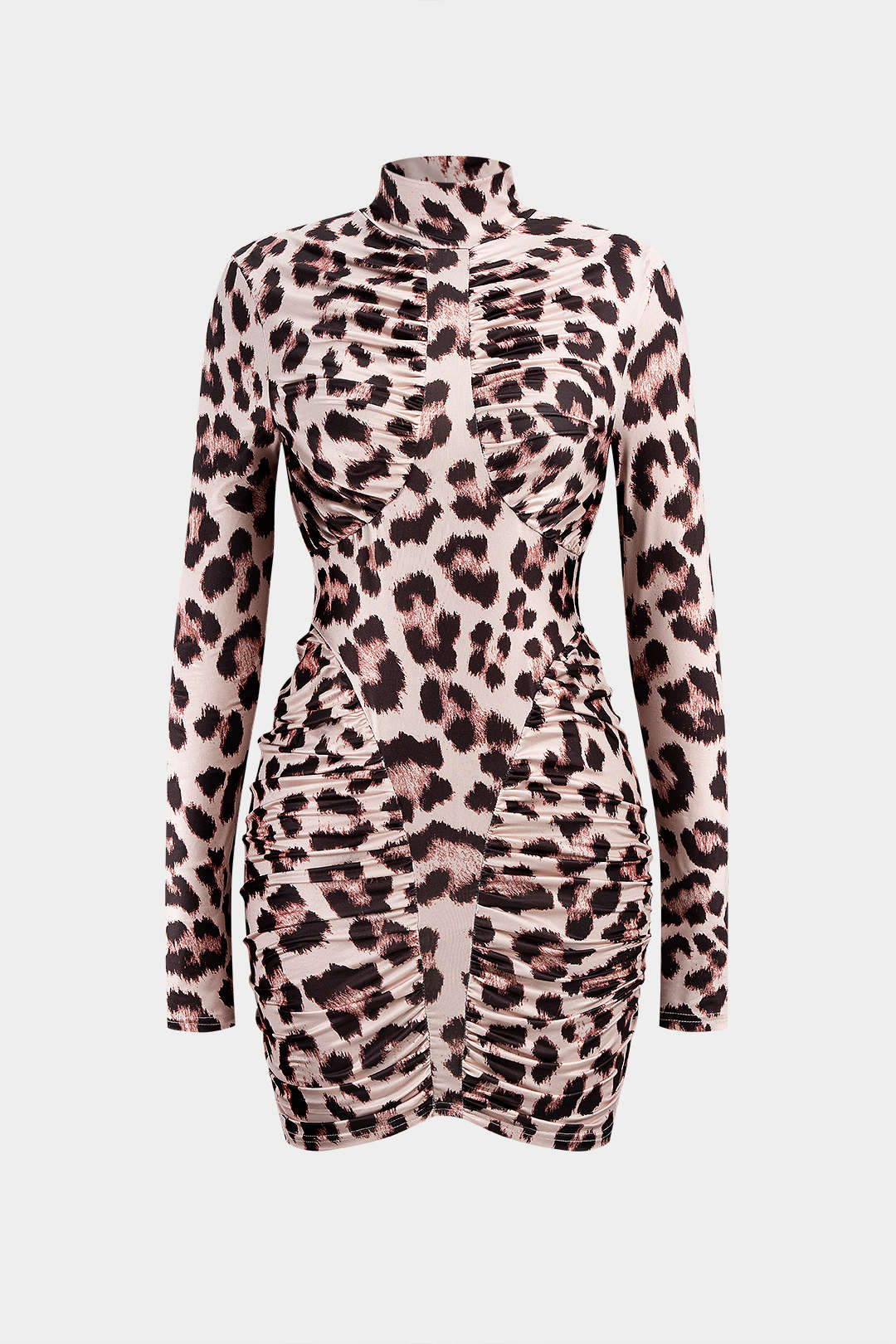 Mocke Neck Leopard Print Backless Ruched Long Sleeve Mini Dress - Weenar