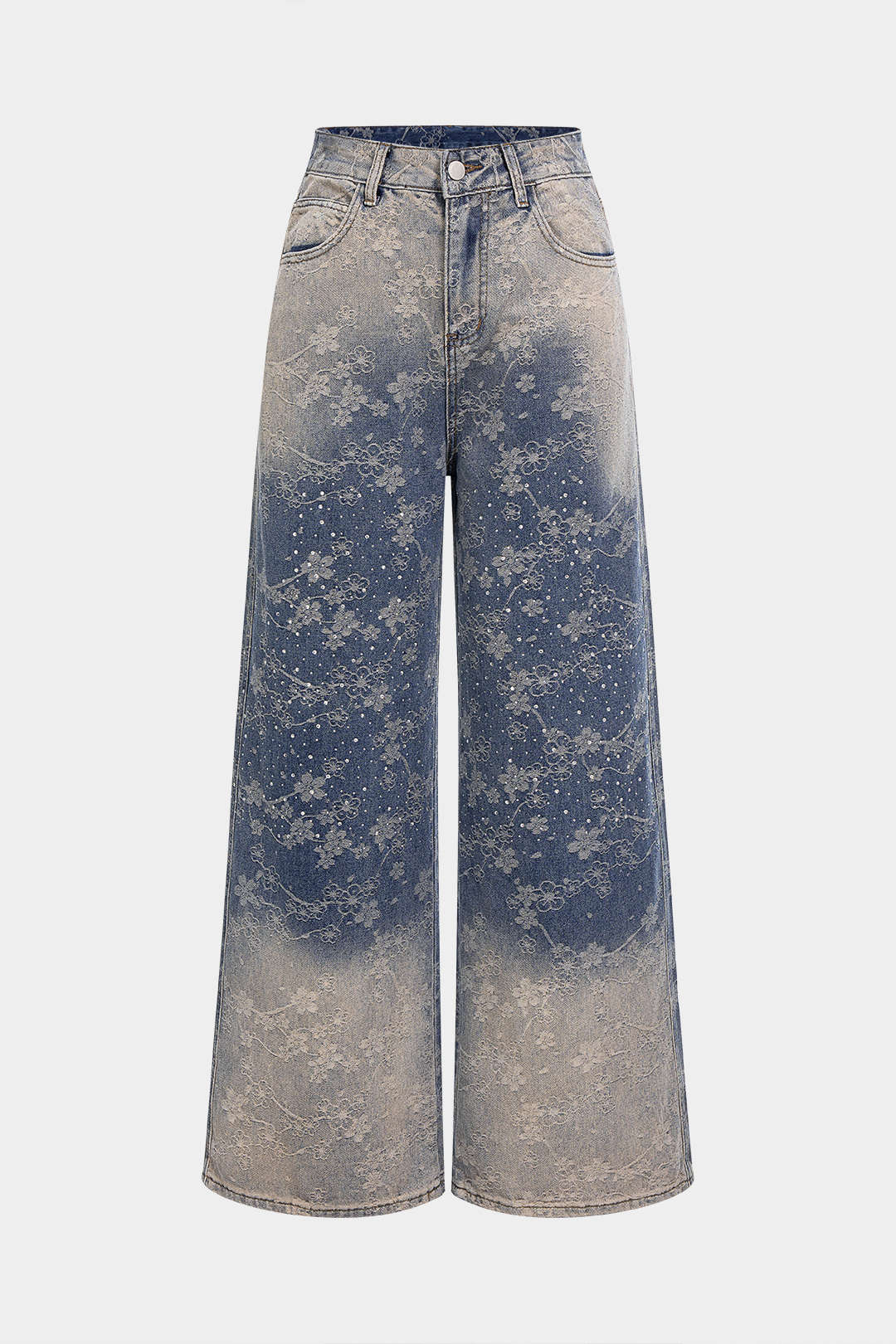 Denim Floral Print Rhinestone Pocket Straight Leg Jeans - Weenar