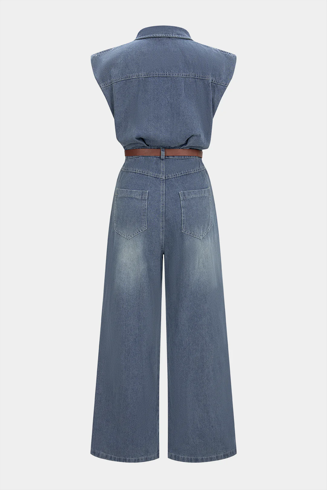Denim Button Belted Ripped Sleeveless Jumpsuit - Weenar