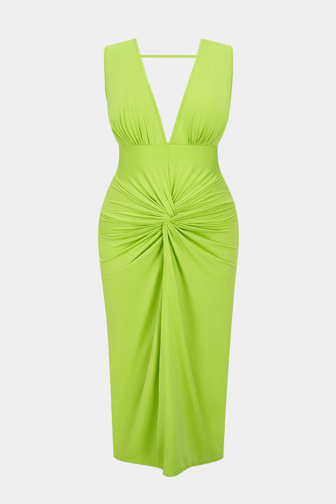 Plus Size V-Neck Backless Twist Knot Ruched Sleeveless Slit Midi Dress - Weenar