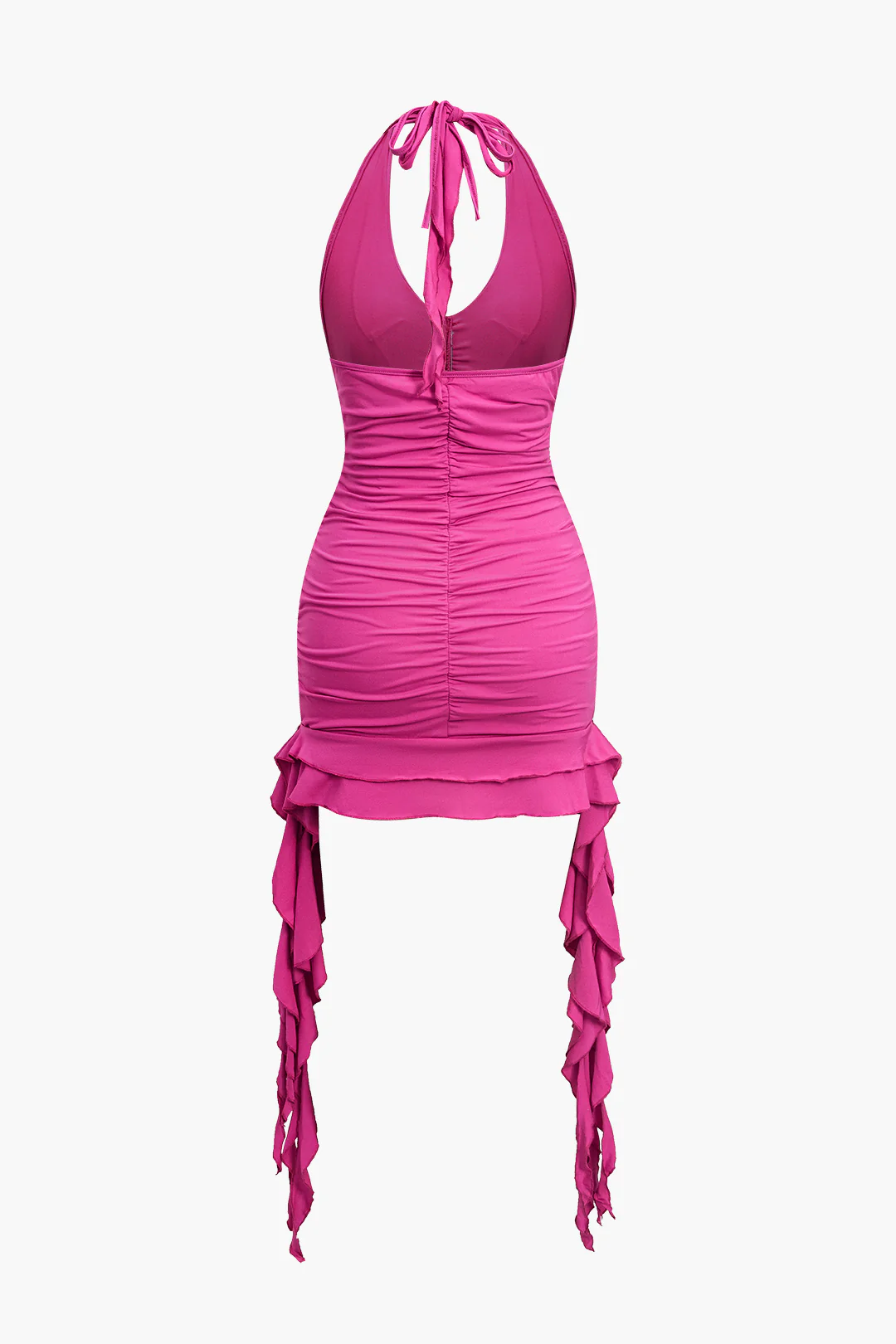 Halter Neck Tie Up Ruched Scallop Edge Backless Sleeveless Mini Dress - Weenar