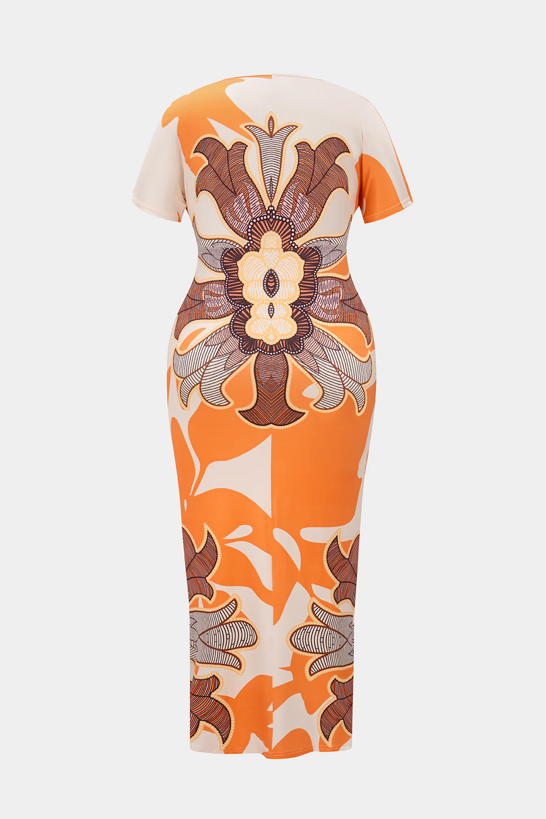 Plus Size Bohemian Print Ruched V-Neck Short Sleeve Slit Midi Dress - Weenar