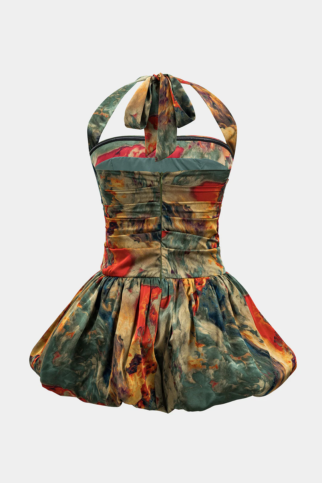 Watercolor Print Satin Ruched Backless Zipper Tie Up Mini Dress - Weenar
